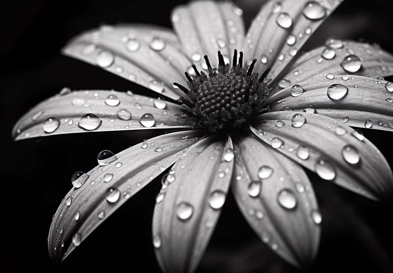Monochrome Dew Kissed Flower, daisy-like flower, glistening water droplets, HD Desktop Wallpaper