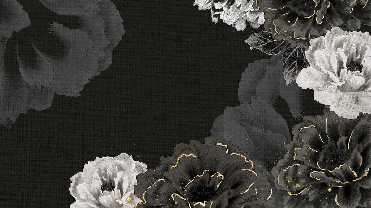 Monochrome Flower, black and white floral arrangement, gold accents, SD Desktop Wallpaper