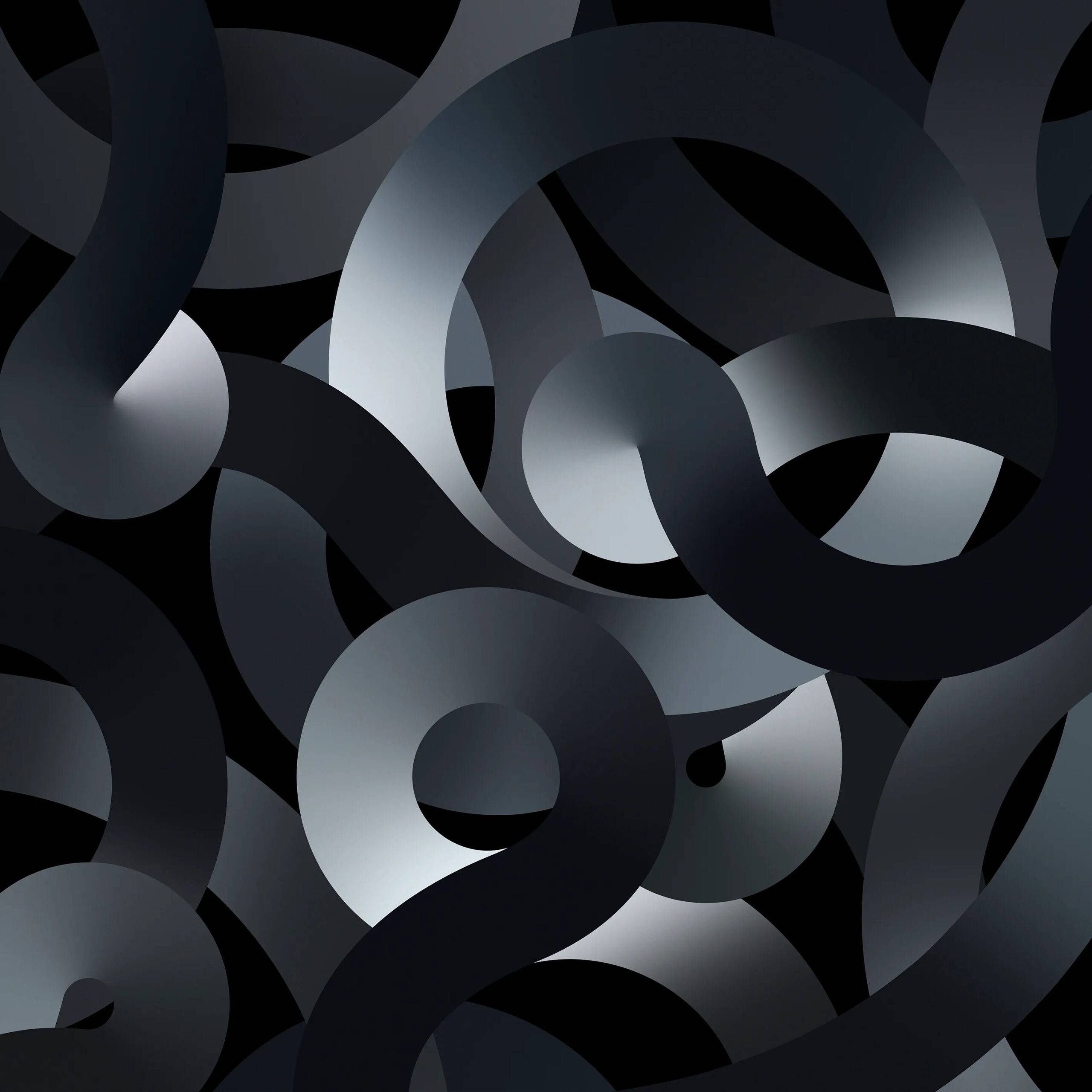 iPad Air 4, neon grey swirls, metallic gray rings, 2K Desktop Wallpaper