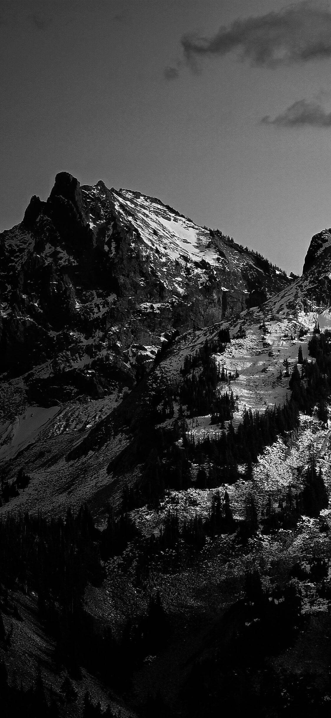black white iPhone, monochromatic mountains, snow capped peaks, Full HD Phone Wallpaper
