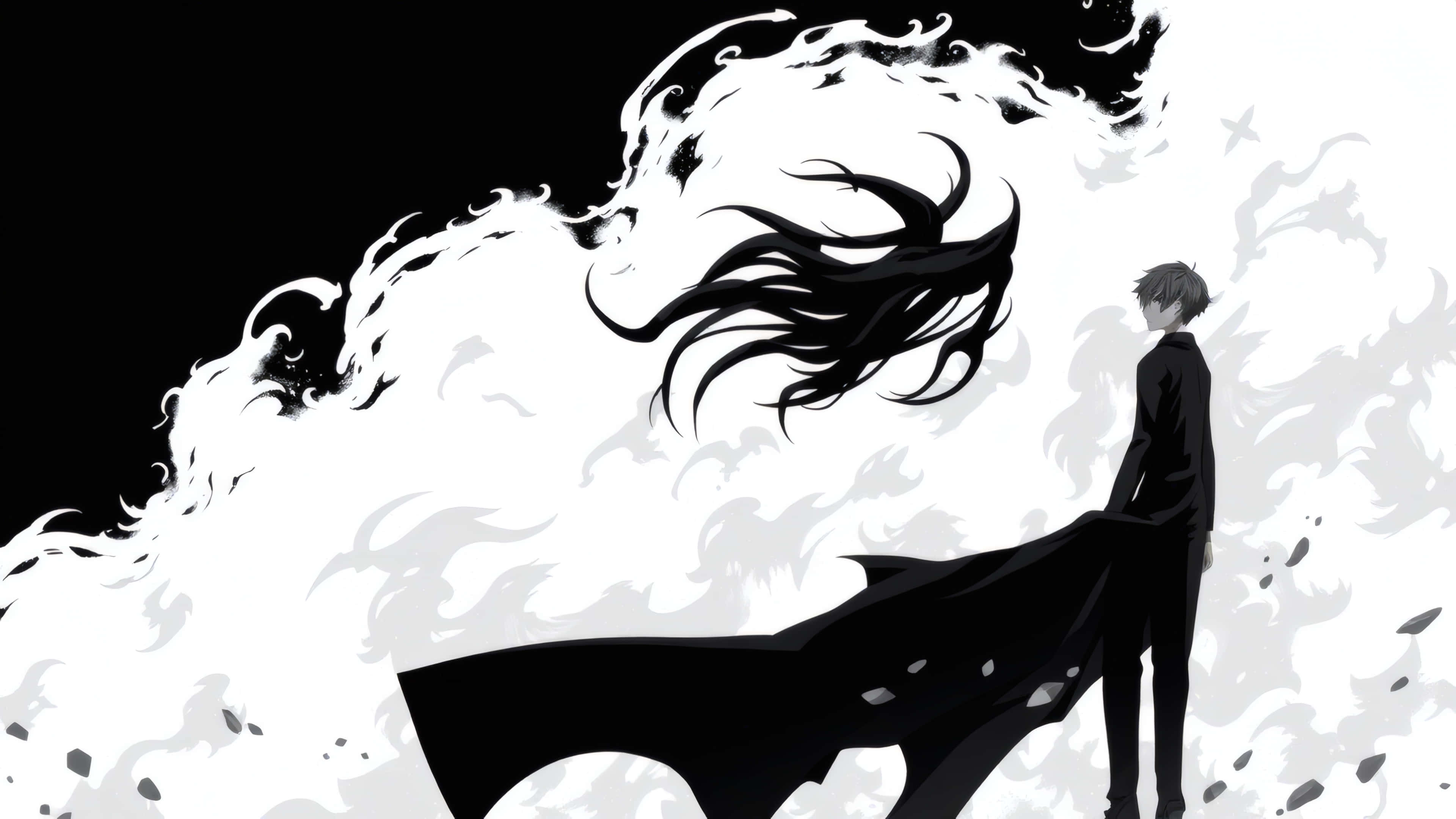anime boy, black, swirling white cloud, 4K Desktop Wallpaper