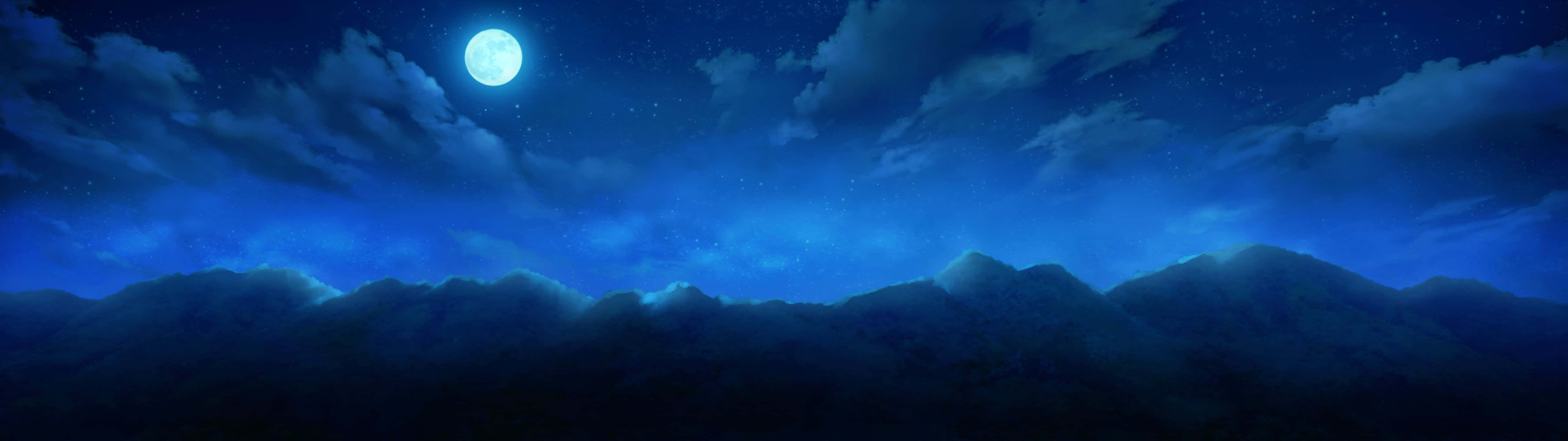 Panoramic Desktop, full moon, dark silhouetted mountains, 5K Desktop Wallpaper