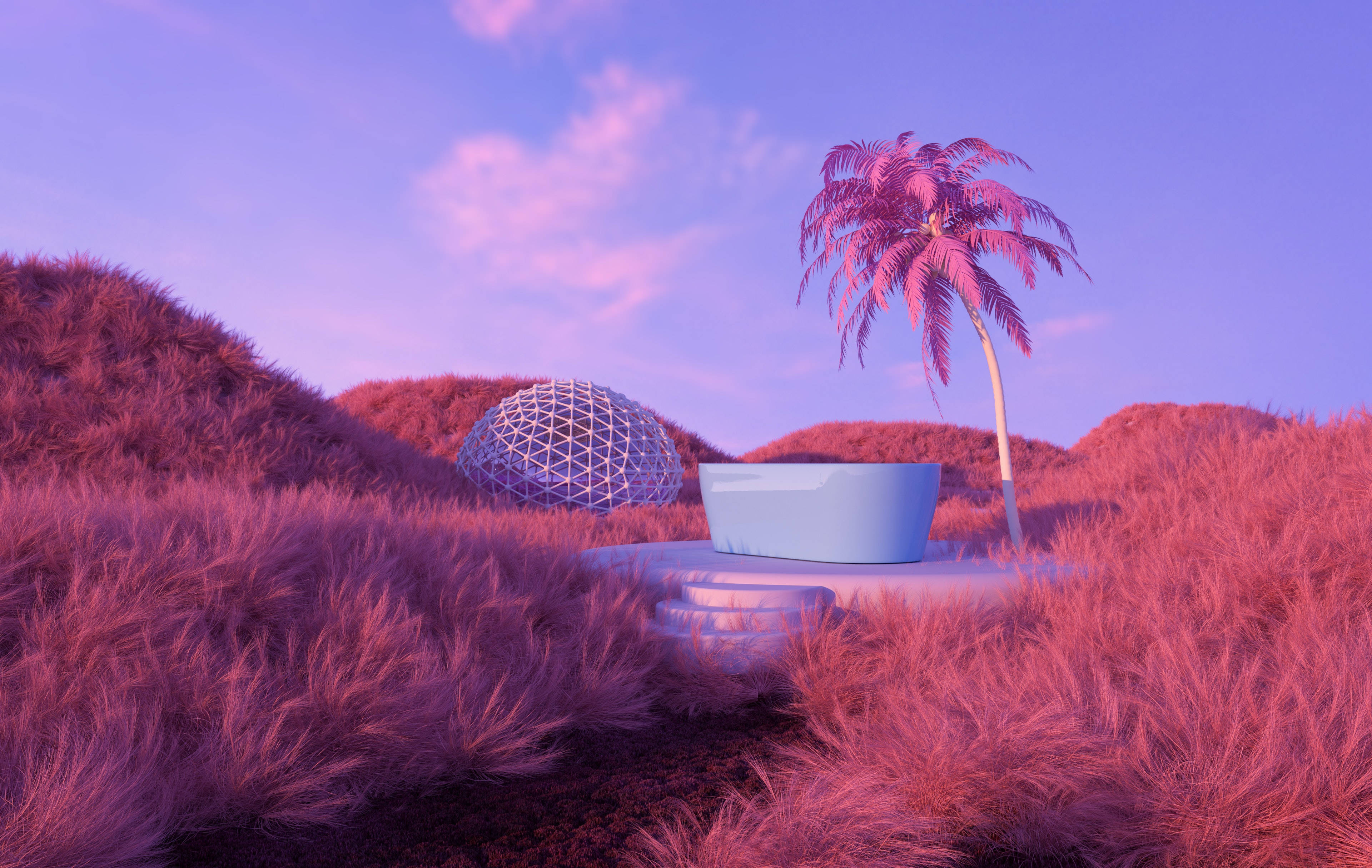 Big 3D Desktop Dome, pink desert landscape, futuristic bathtub, 4K Desktop Wallpaper