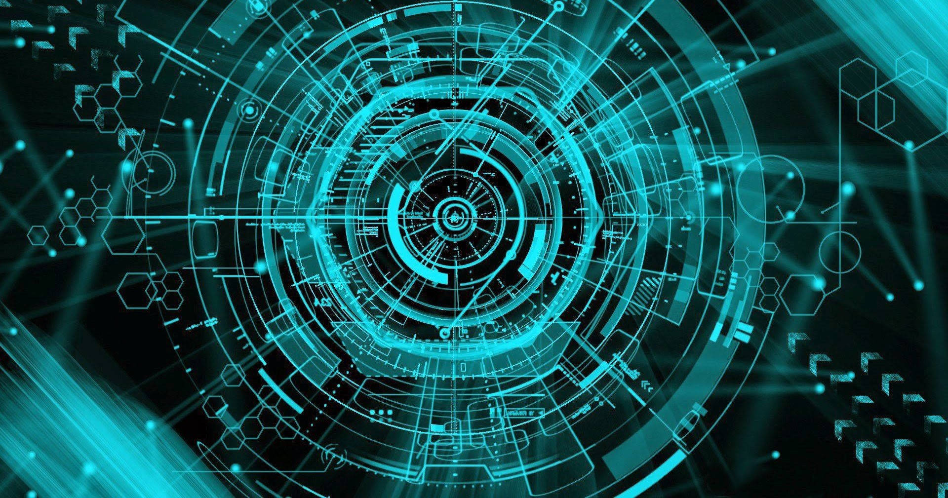 futuristic desktop computer, glowing cyan interface, concentric digital rings, Full HD Desktop Wallpaper