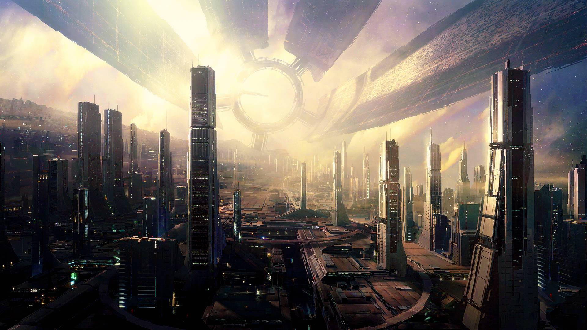 futuristic cityscape, golden light, massive hovering ring structure, Full HD Desktop Wallpaper