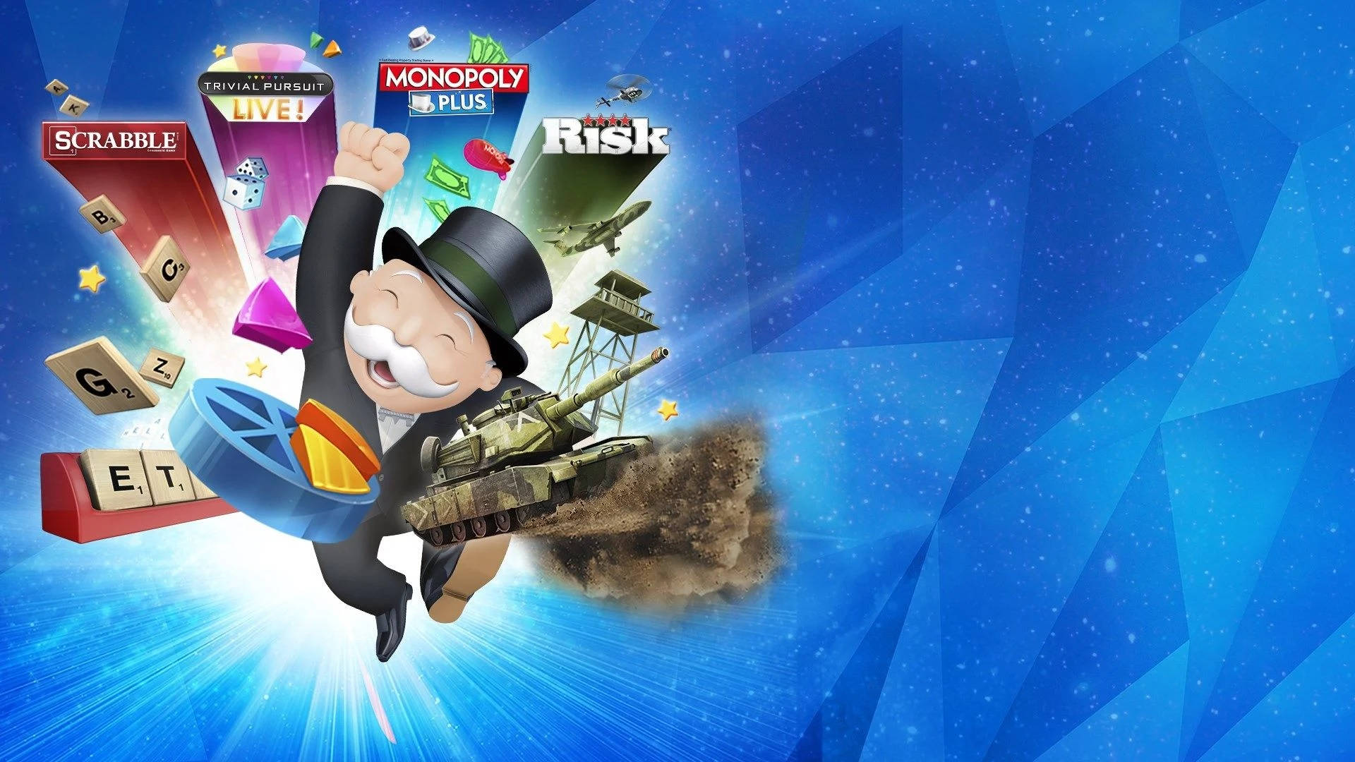 Monopoly man, blue starry sky, game icons, Full HD Desktop Wallpaper