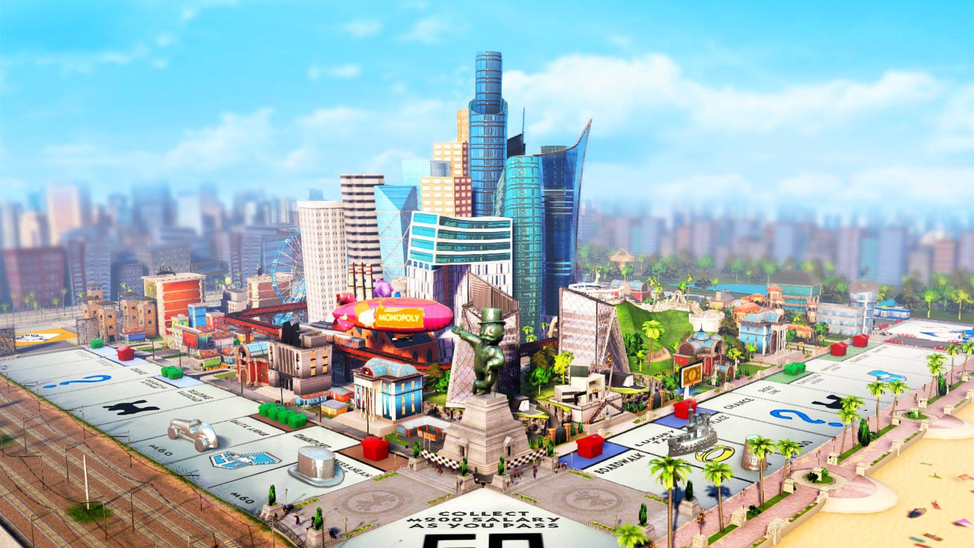 Monopoly, cartoon cityscape, game pieces, Full HD Desktop Wallpaper