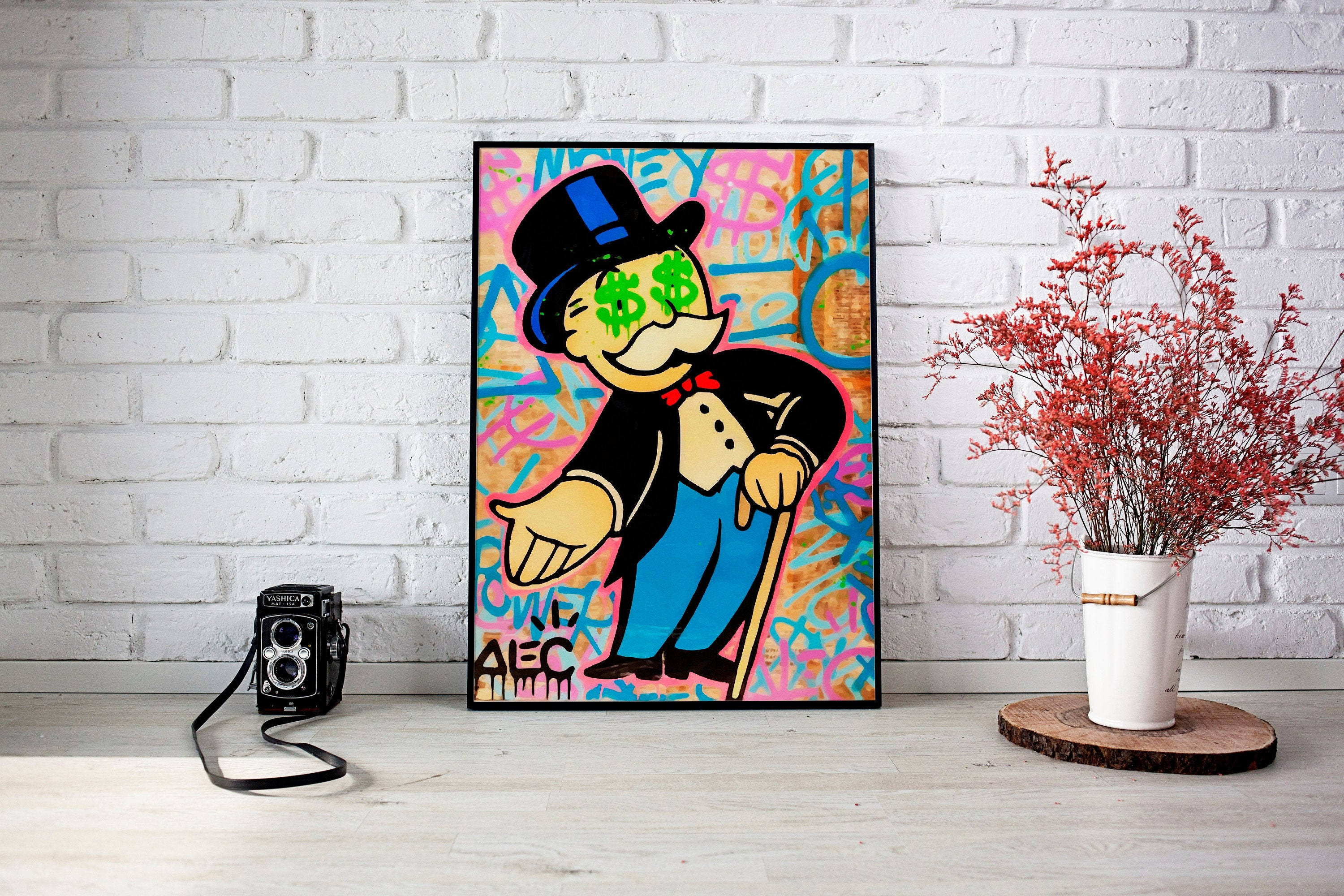 Monopoly man, graffiti-style, white brick wall, 2K Desktop Wallpaper