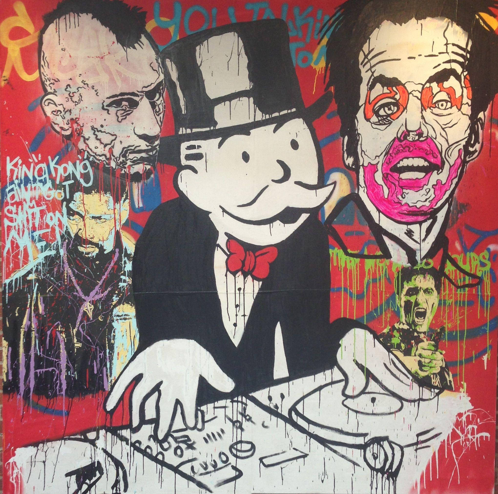 Monopoly man, red background, dripping paint, Full HD Desktop Wallpaper