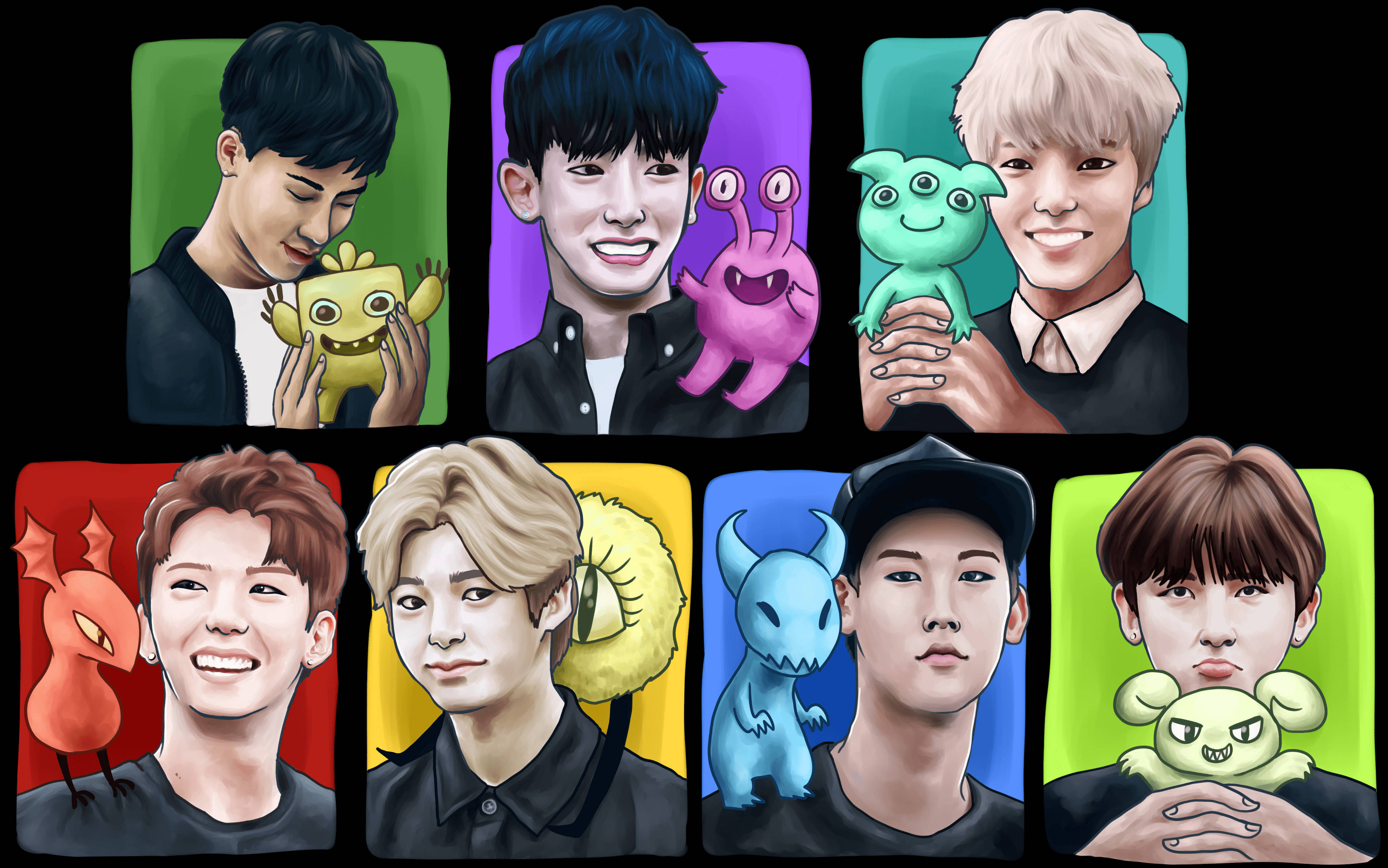 Monsta X, K-pop idols, colorful cartoon monster, 2K Desktop Wallpaper