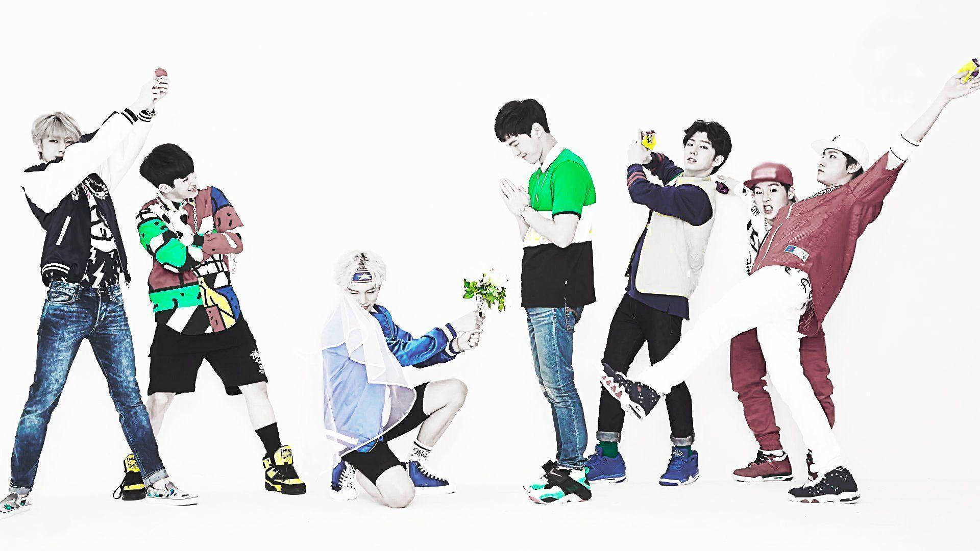 Monsta X, colorful streetwear, stark white background, Full HD Desktop Wallpaper