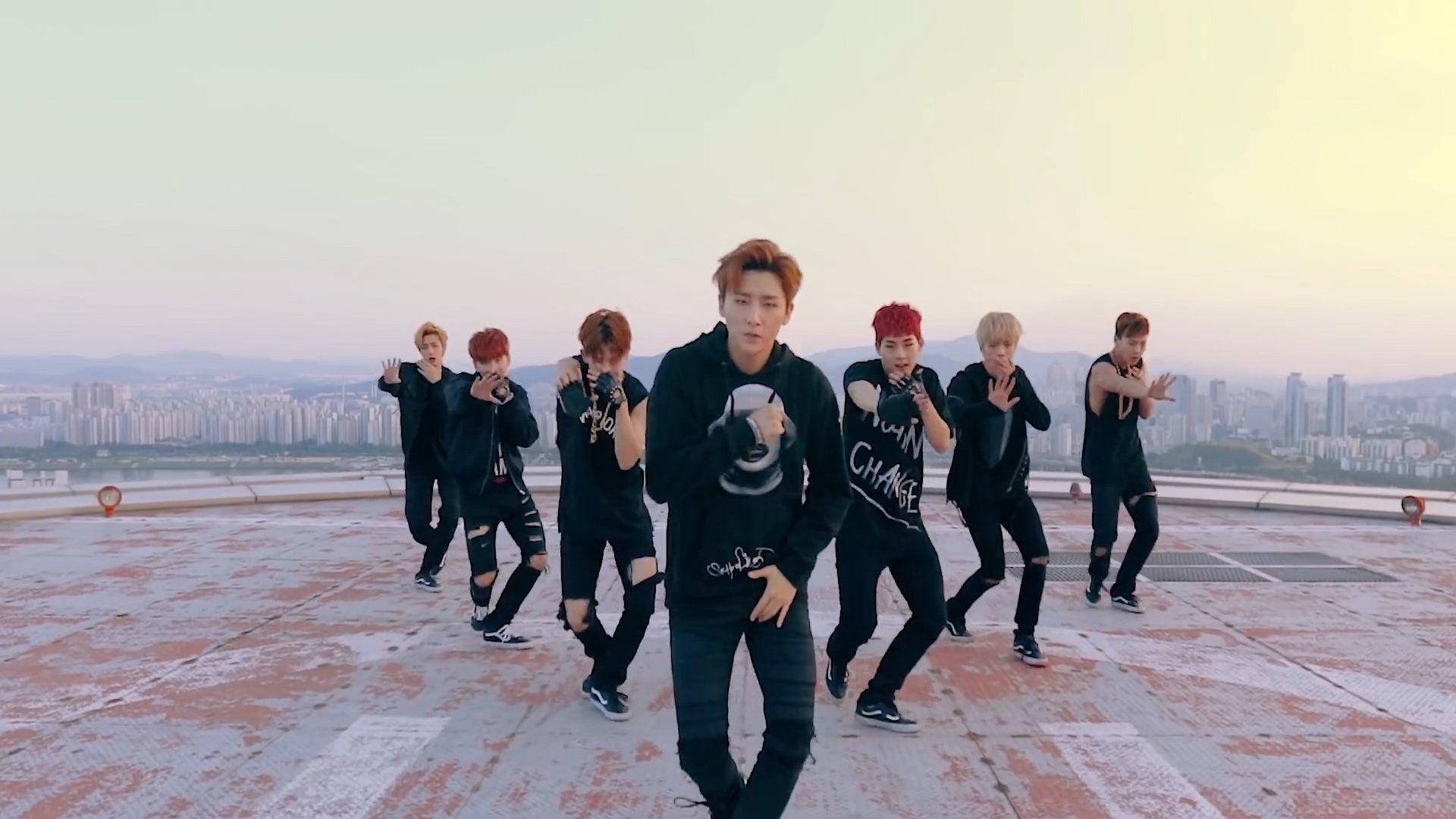 Monsta X, black outfits, weathered rooftop, Full HD Desktop Wallpaper