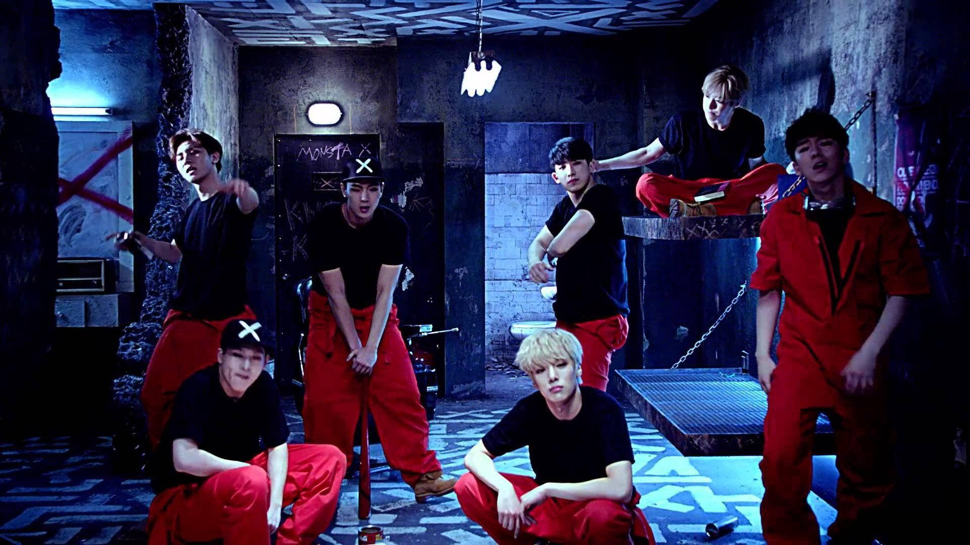 Monsta X, black tops, red pants, Full HD Desktop Wallpaper