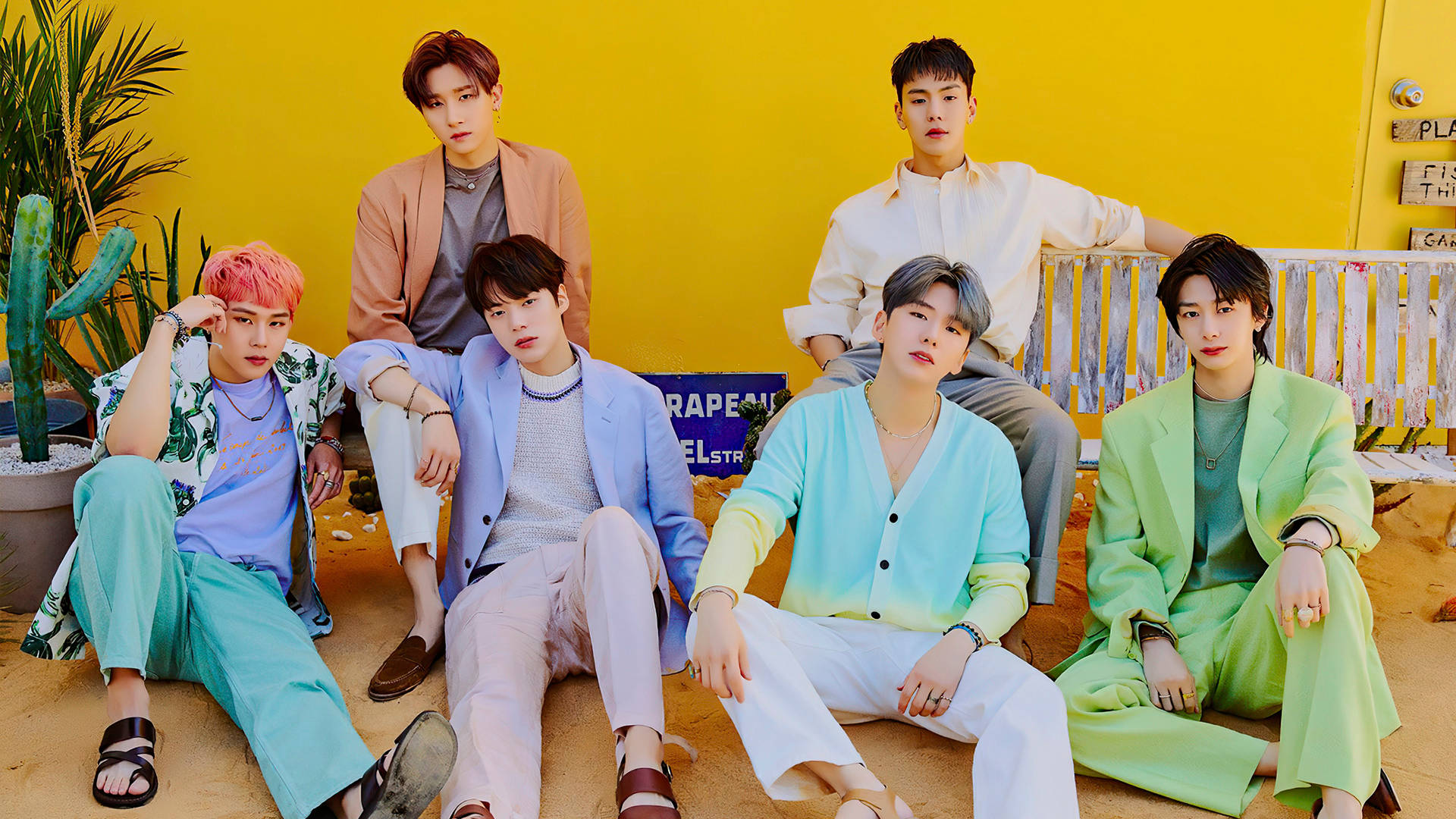 Monsta X, tropical concept, bright yellow wall, Full HD Desktop Wallpaper