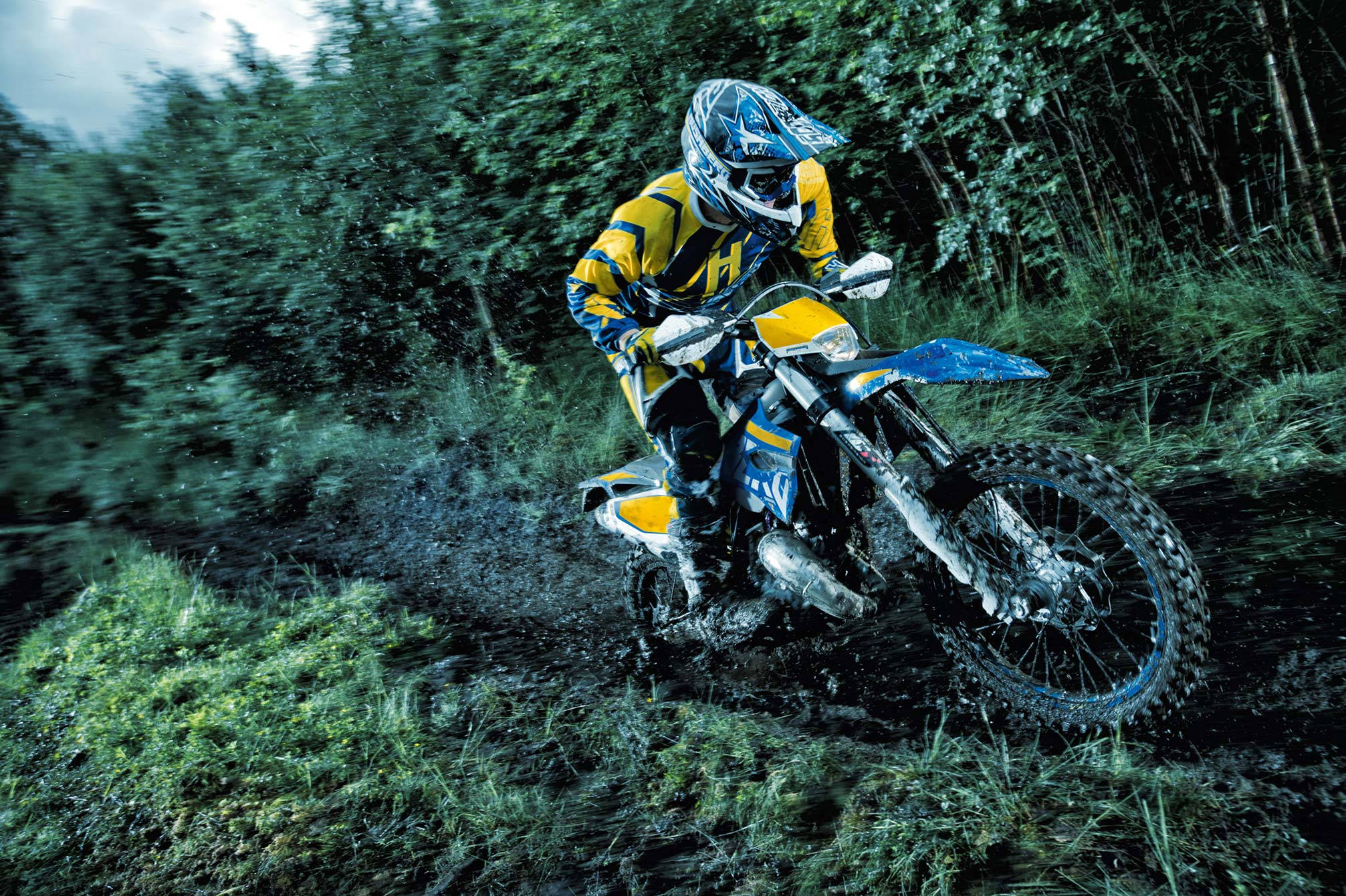 dirt bike, motocross rider, yellow and blue gear, Full HD Desktop Wallpaper