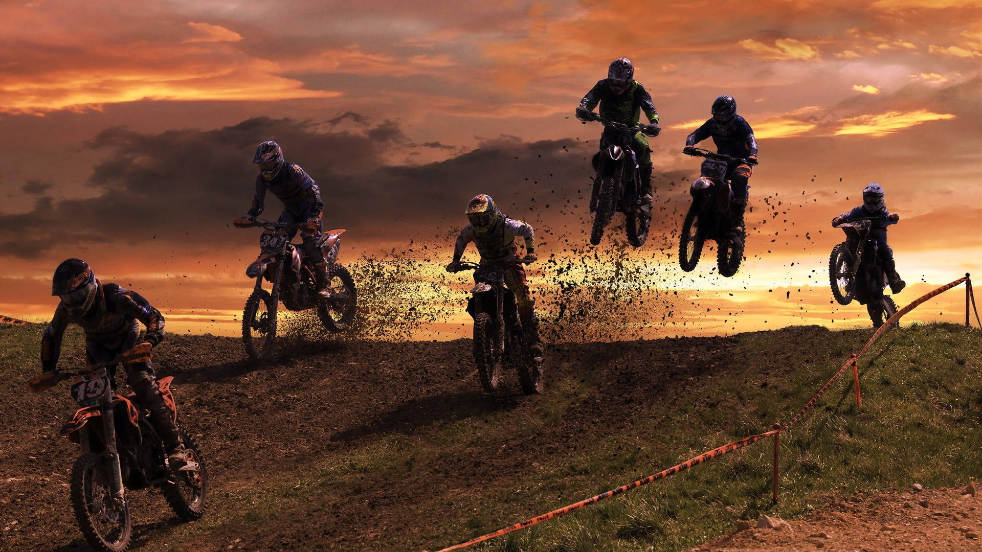 dirt bikes, dusty track, fiery sunset sky, Full HD Desktop Wallpaper