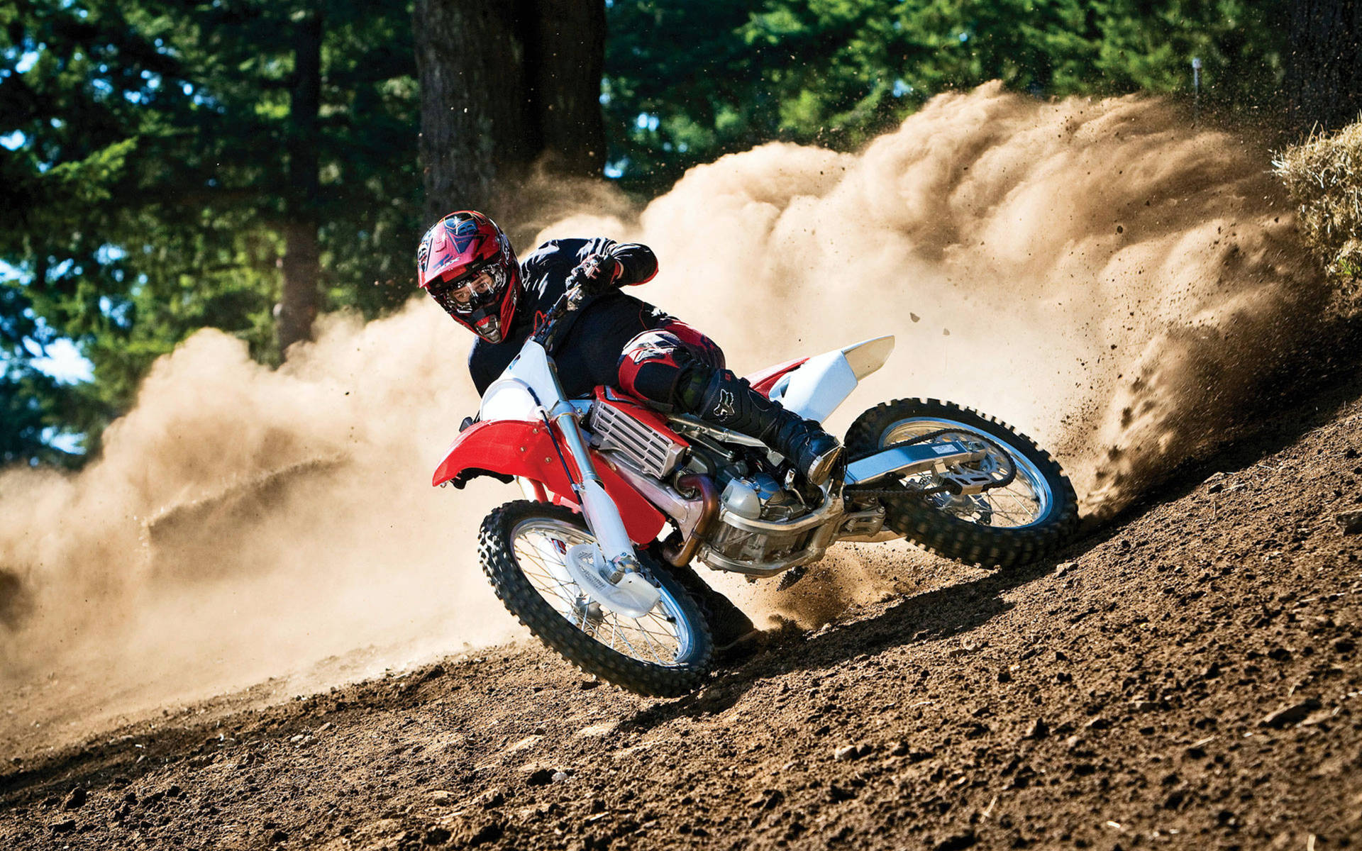 dirt bike, red dirt bike, brown dust, Full HD Desktop Wallpaper
