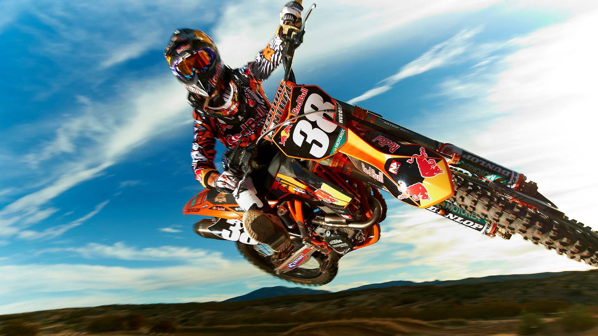 dirt bike, orange bike, bright blue sky, Full HD Desktop Wallpaper