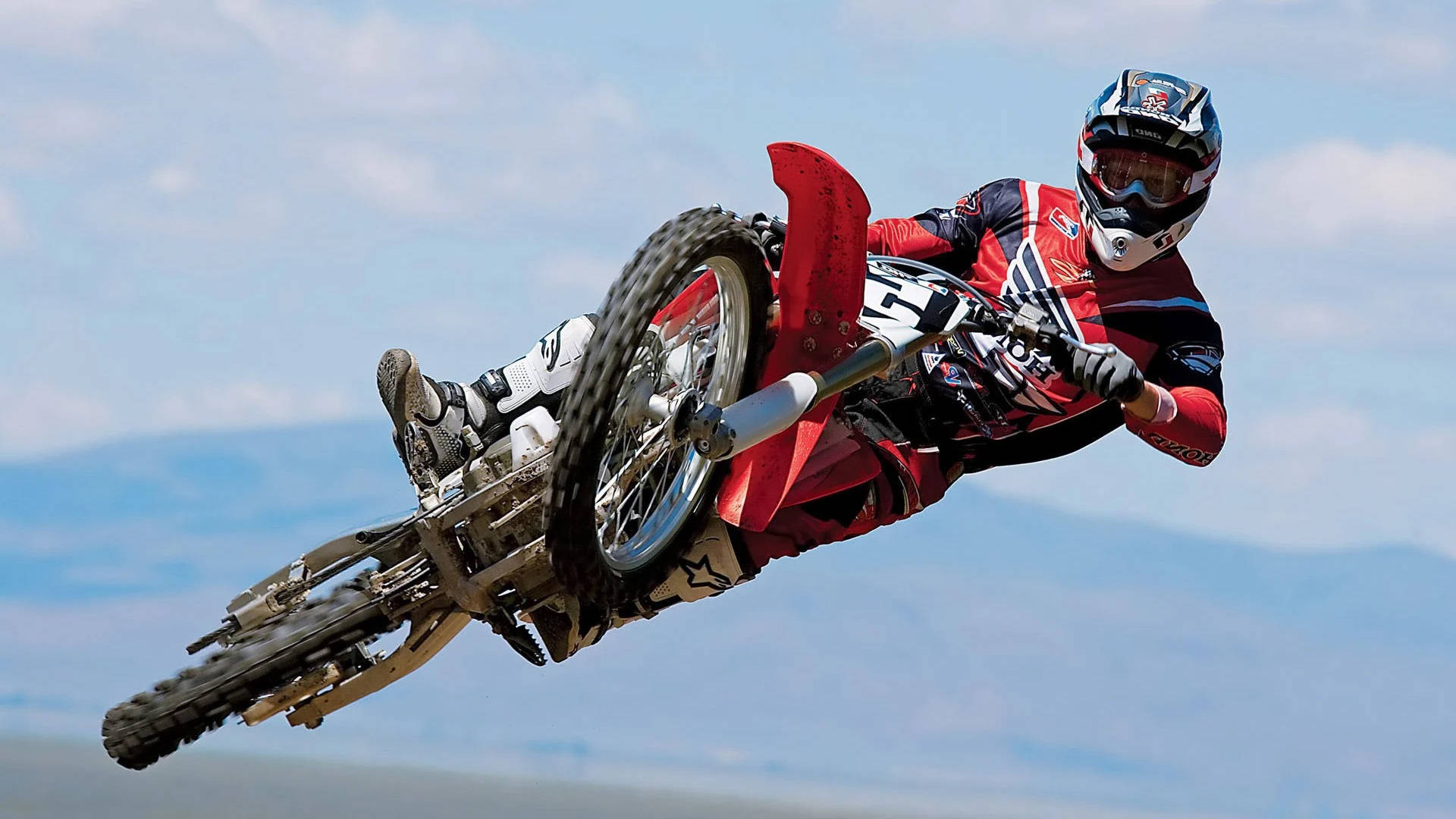 dirt bike, red gear, blue sky, Full HD Desktop Wallpaper