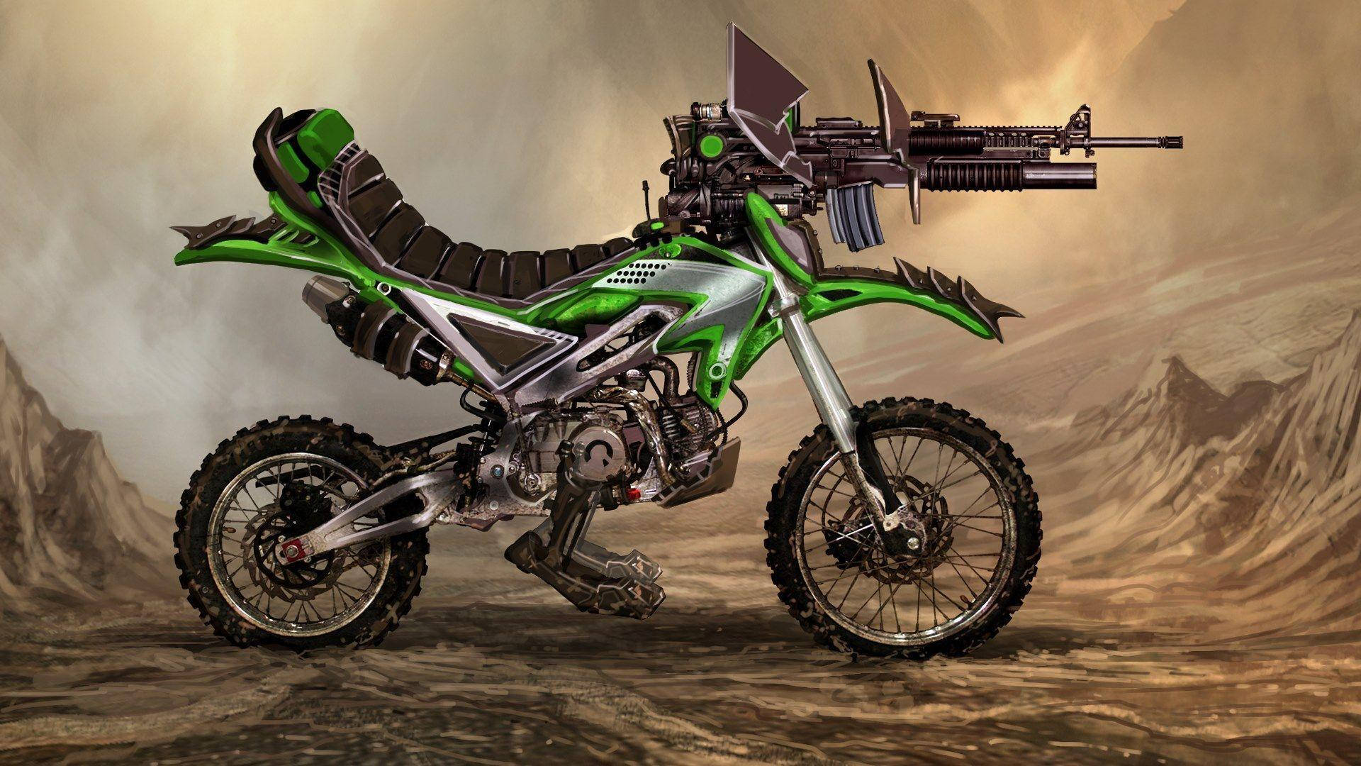 green motorcycle, futuristic dirt bike, mounted machine gun, Full HD Desktop Wallpaper