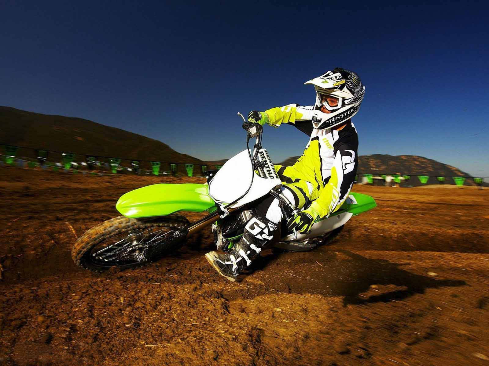 neon gear, bright green bike, dusty dirt track, HD Desktop Wallpaper