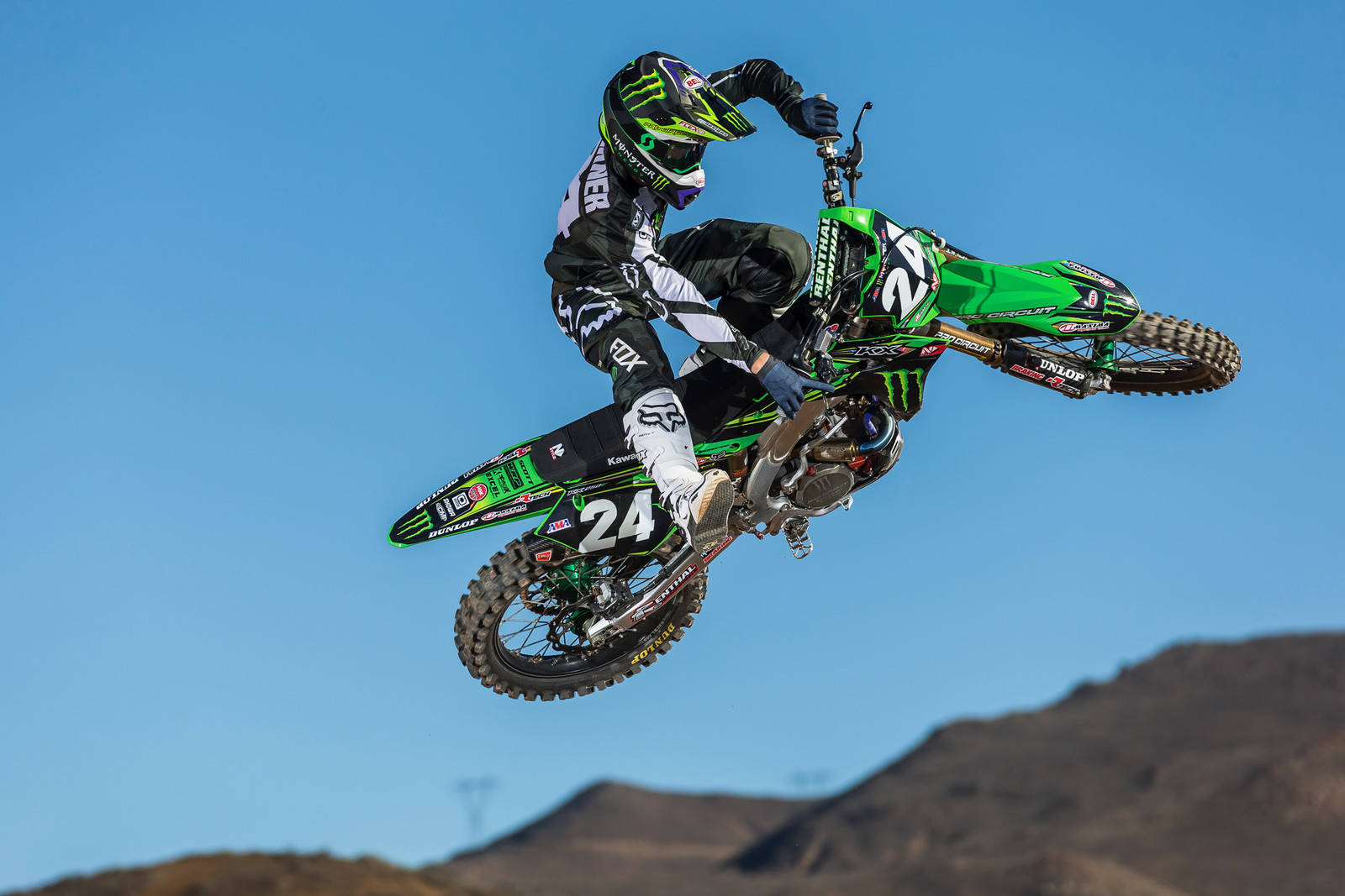 Monster Dirt Bike, green bike, motocross rider, HD Desktop Wallpaper