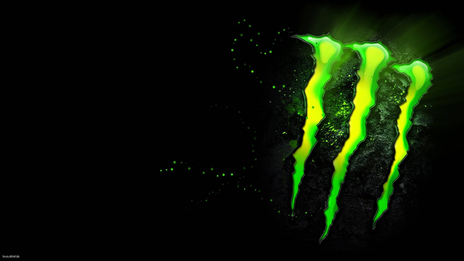 glowing green monster energy logo, dark textured rock, black background, Full HD Desktop Wallpaper