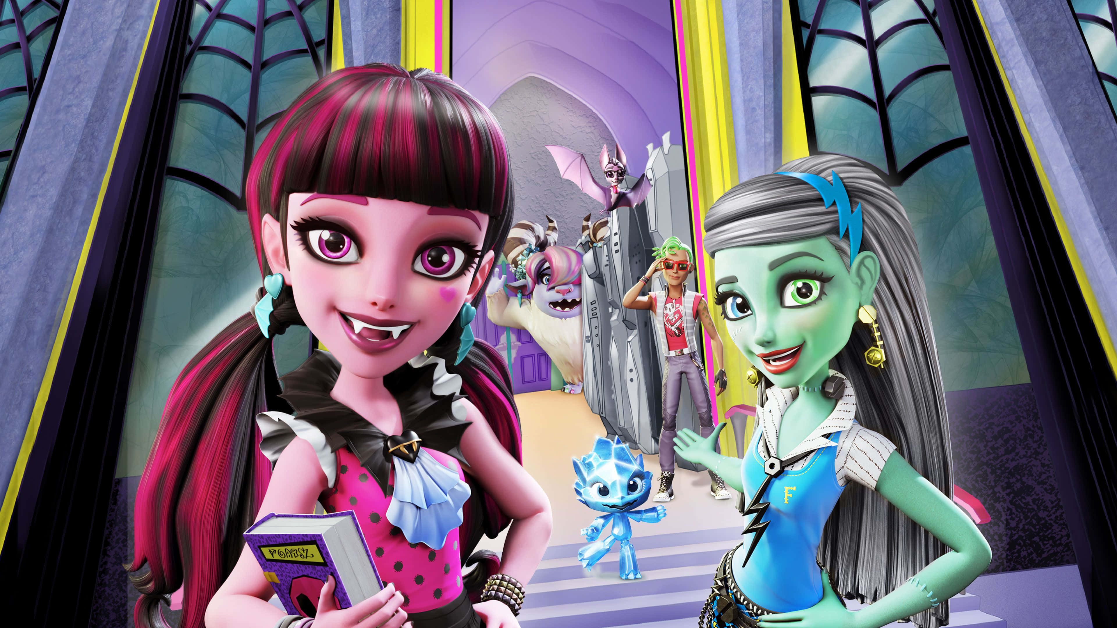 Monster High, gothic hallway, glowing neon accents, 4K Desktop Wallpaper