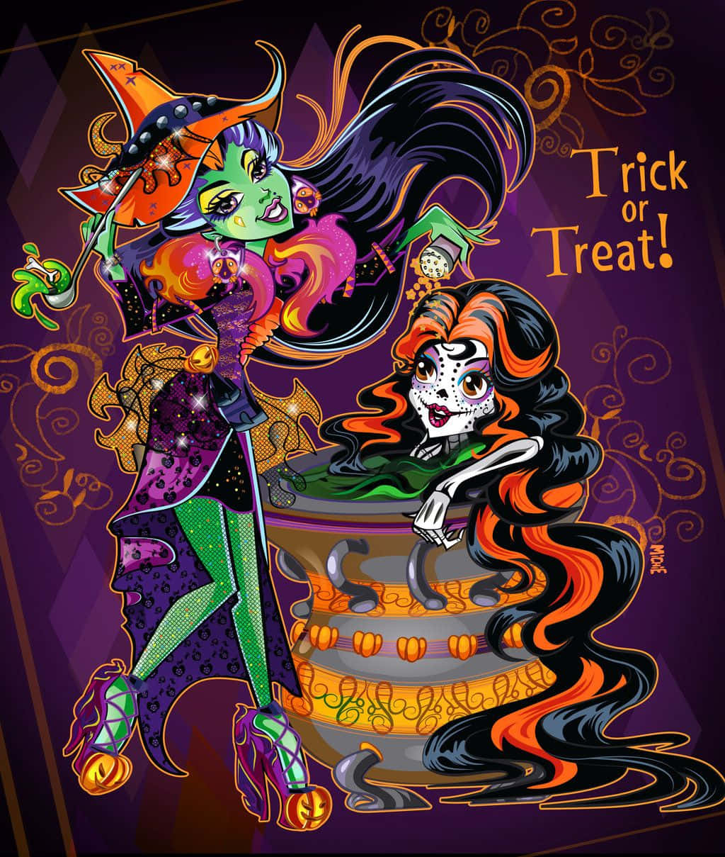 Monster High, Halloween witches, colorful hair, SD Phone Wallpaper