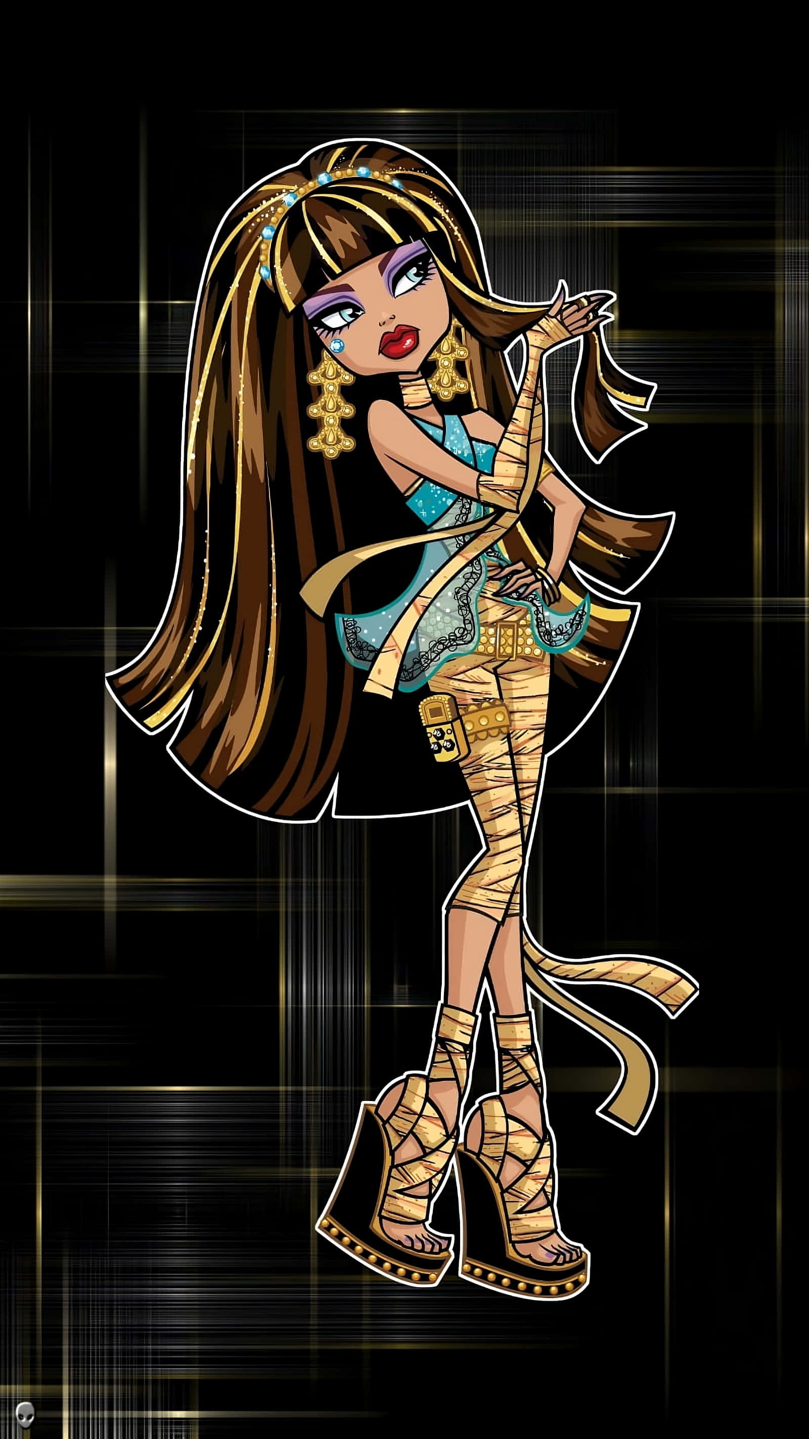 Monster High, golden mummy wrappings, glowing gold lines, 2K Phone Wallpaper