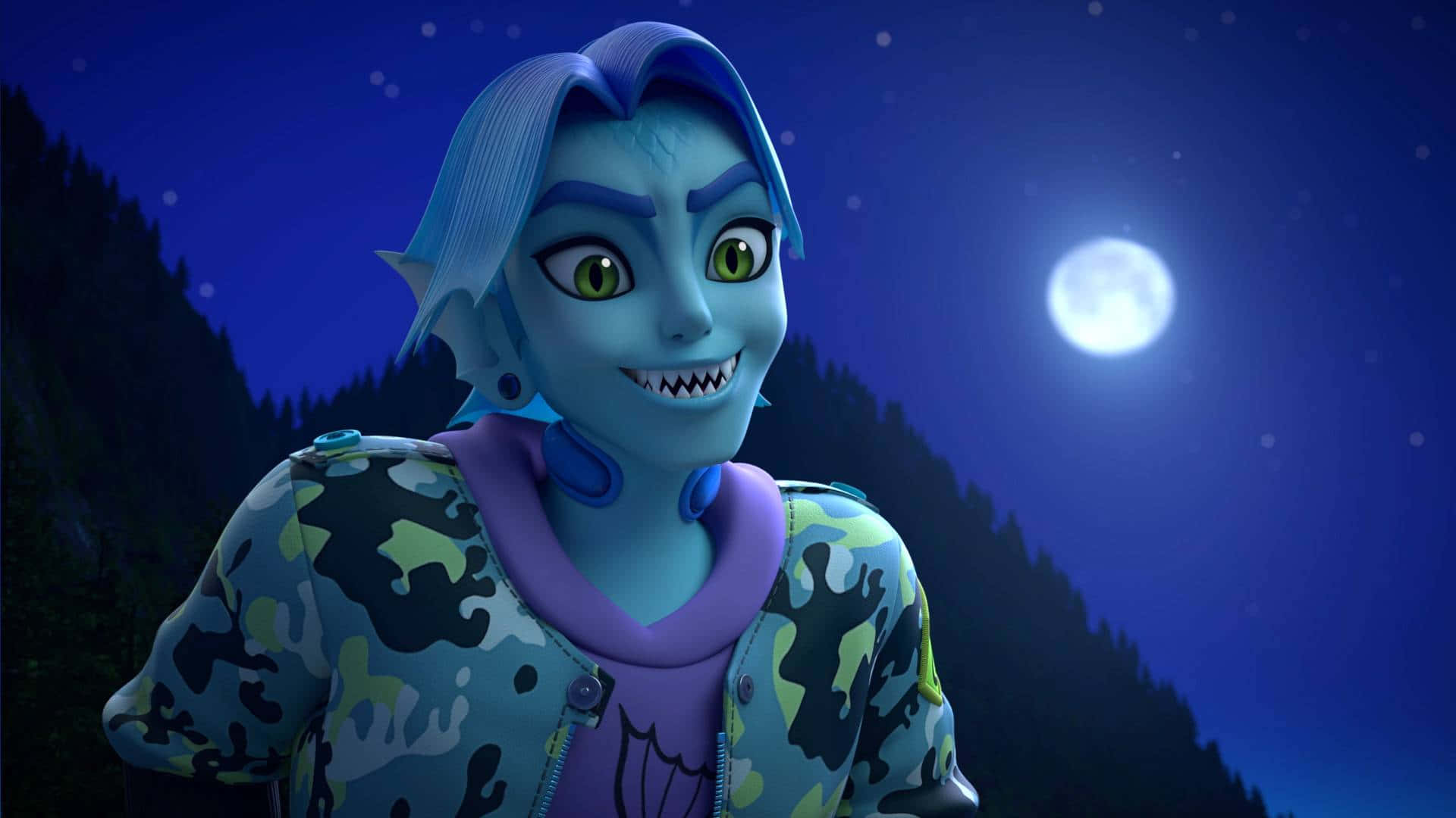 Monster High, blue-skinned animated character, sharp teeth, Full HD Desktop Wallpaper