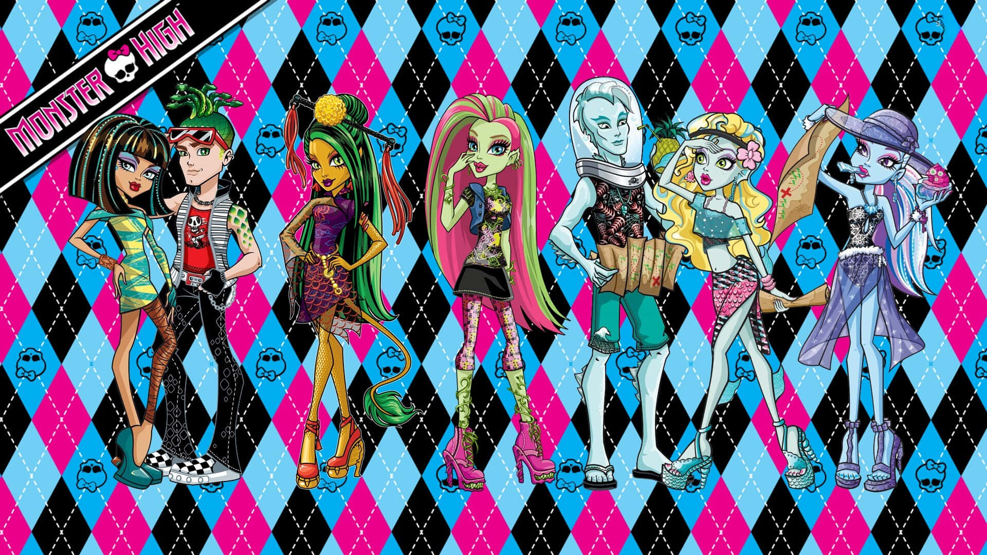Monster High, pink blue black argyle background, skull motifs, Full HD Desktop Wallpaper