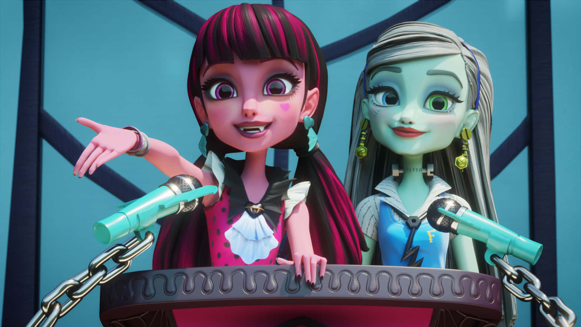 Monster High, blue geometric background, animated monster girls, Full HD Desktop Wallpaper