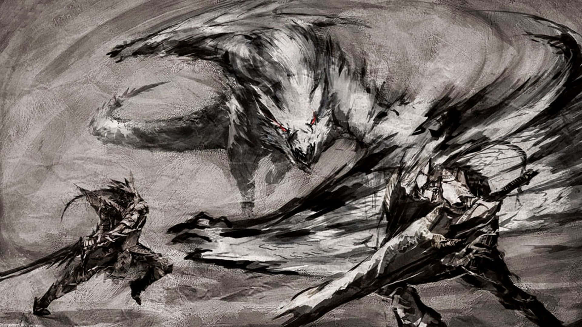 Monster Hunter 3, black and white drawing, two men fighting, Full HD Desktop Wallpaper