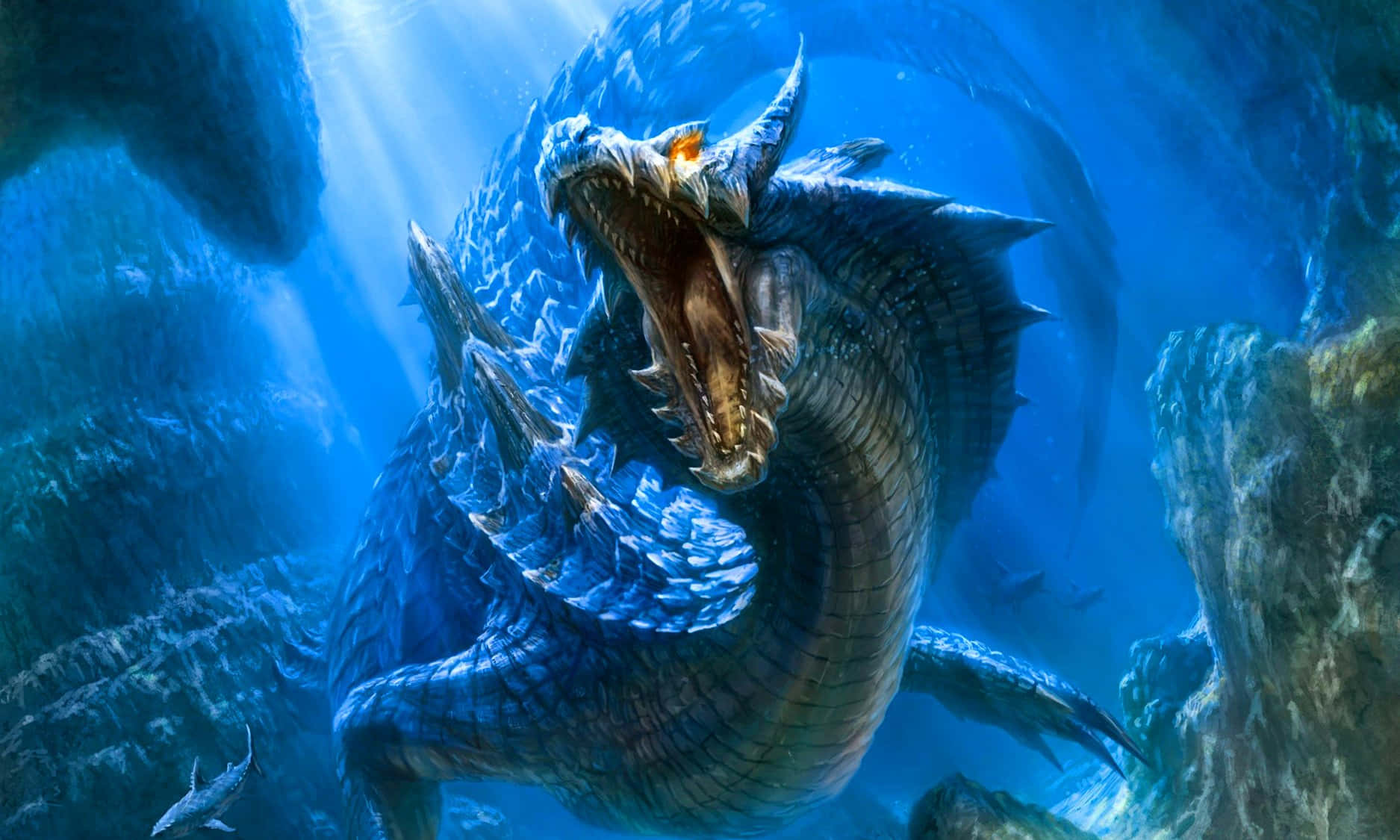 Monster Hunter 3, blue-scaled dragon, glowing orange eyes, HD Desktop Wallpaper