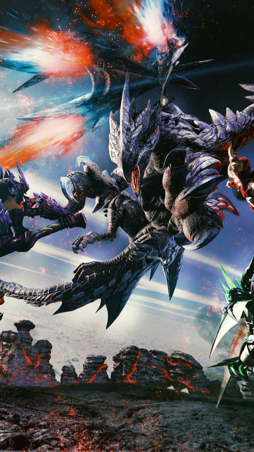 Monster Hunter 3, colossal armored dragon, fiery volcanic landscape, Full HD Phone Wallpaper