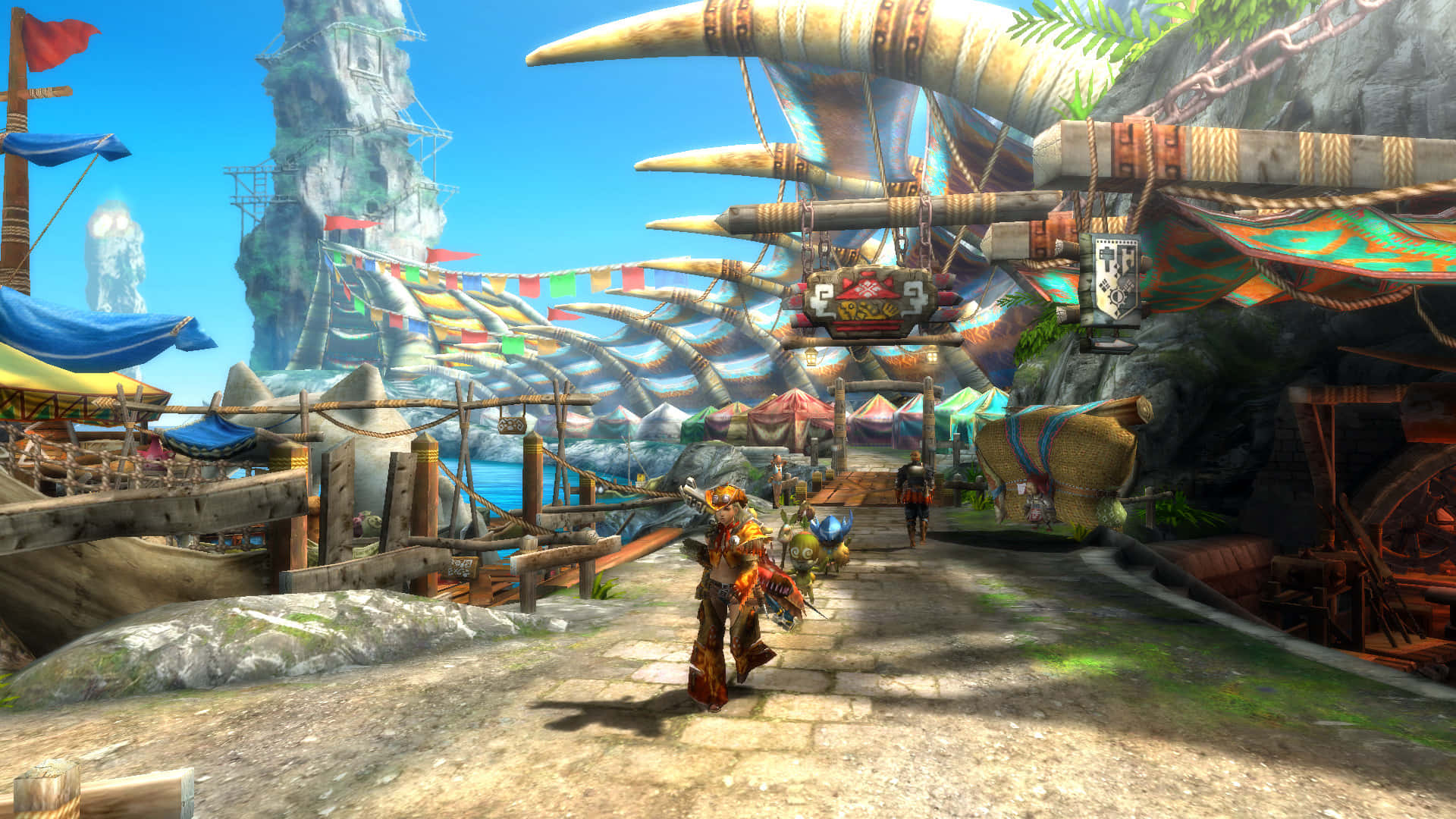 Monster Hunter 3, fantasy marketplace, colorful tents, Full HD Desktop Wallpaper