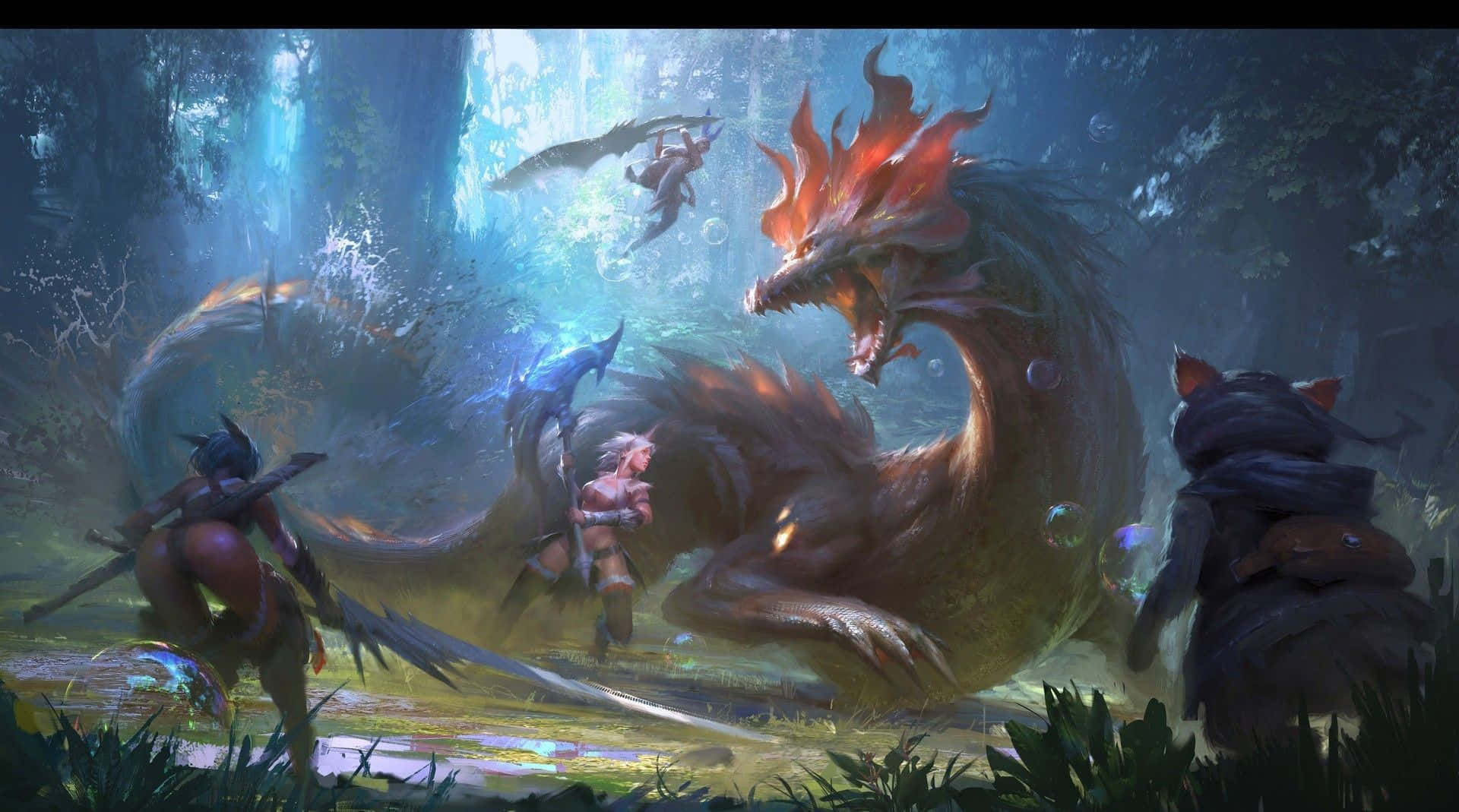 Monster Hunter, fiery dragon, misty enchanted forest, Full HD Desktop Wallpaper