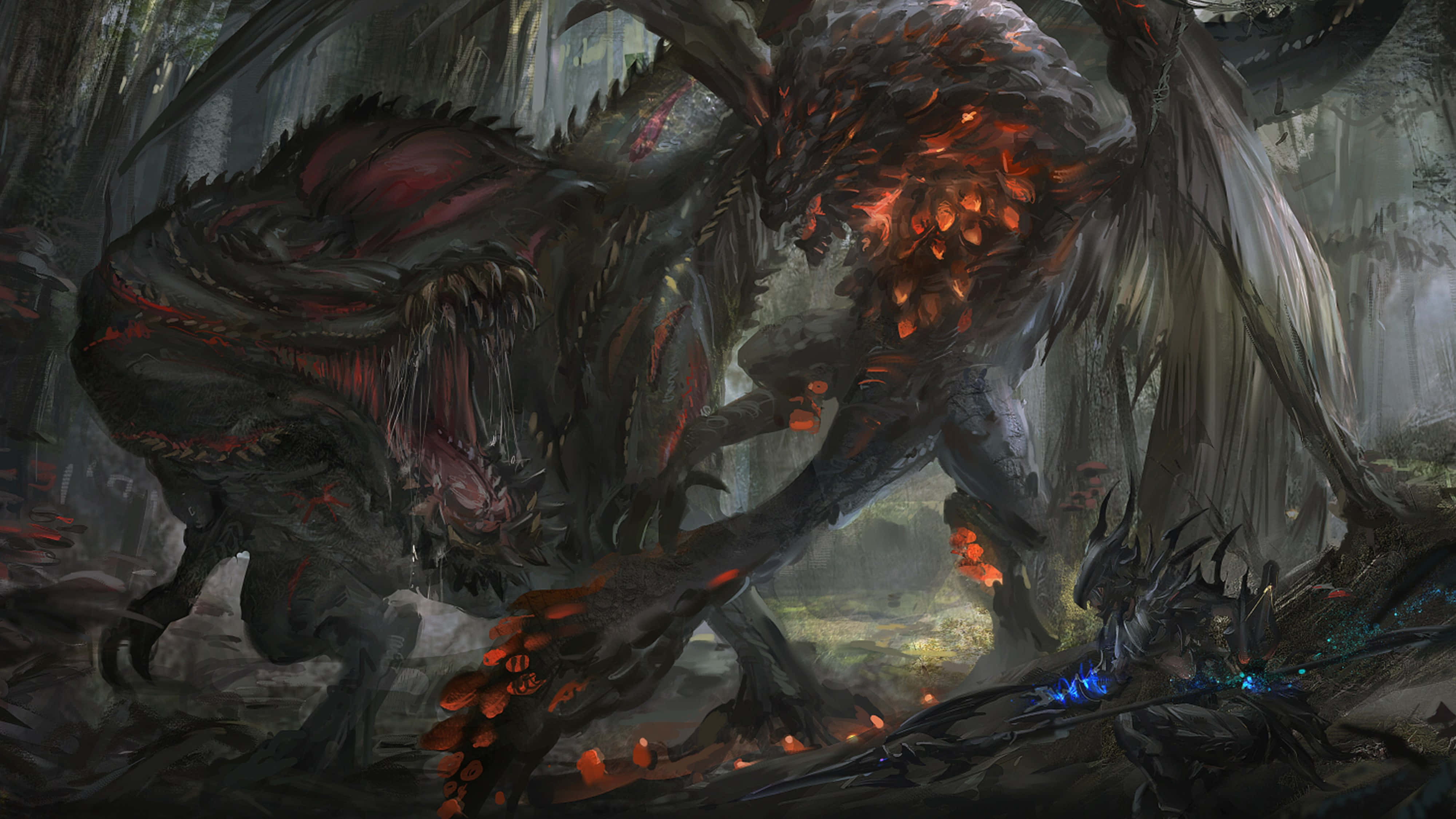 Monster Hunter, glowing red magma veins, dark forest, 4K Desktop Wallpaper