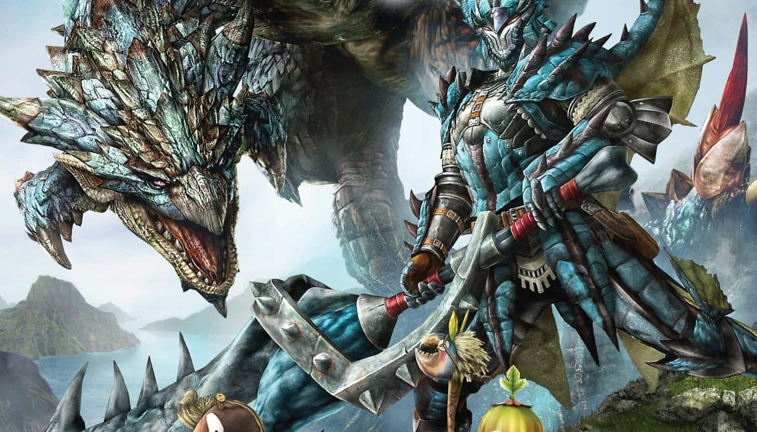 Monster Hunter, blue-scaled monster, heavily armored hunter, HD Desktop Wallpaper