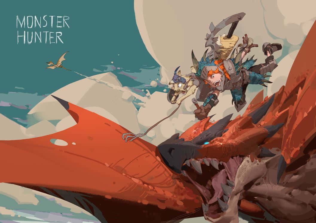 Monster Hunter, red dragon, snowy mountainous sky, SD Desktop Wallpaper