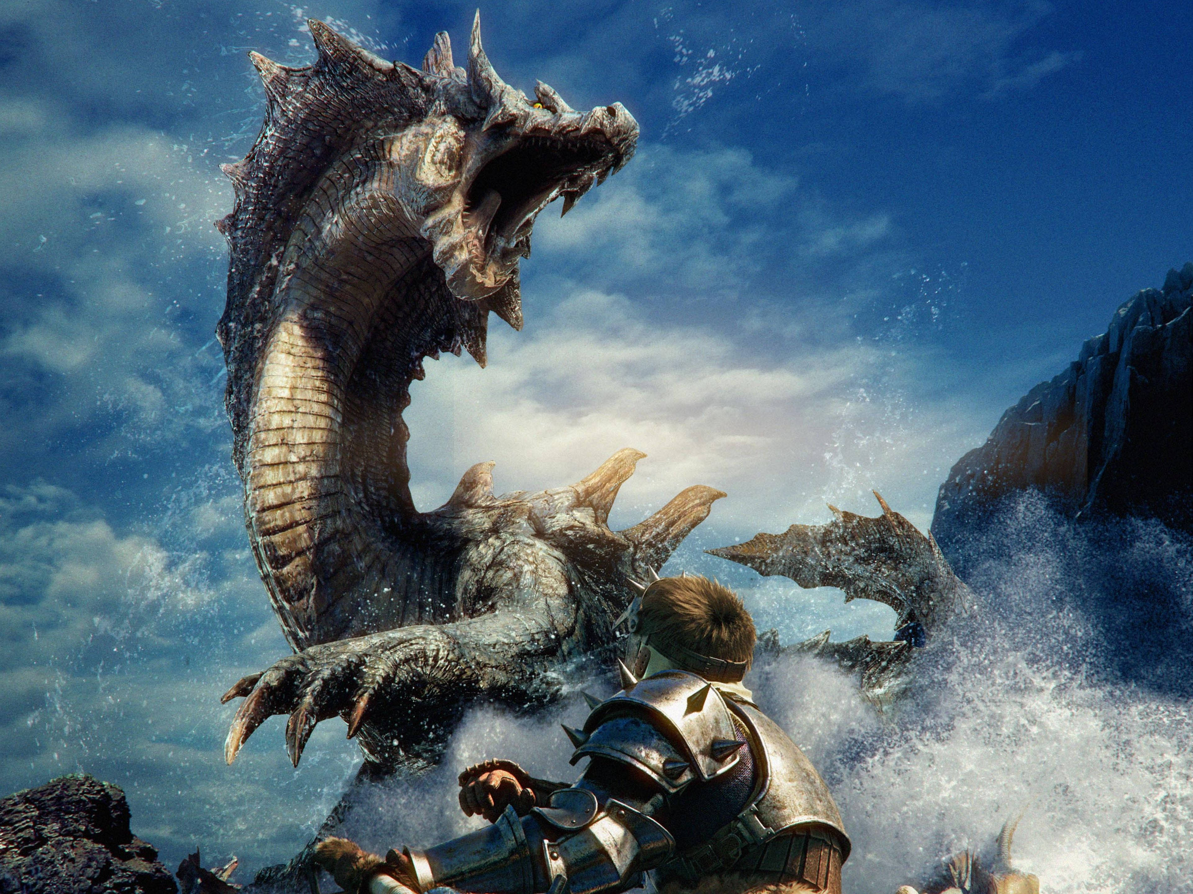 Monster Hunter 4K, knight in armor, colossal dragon, 4K Desktop Wallpaper