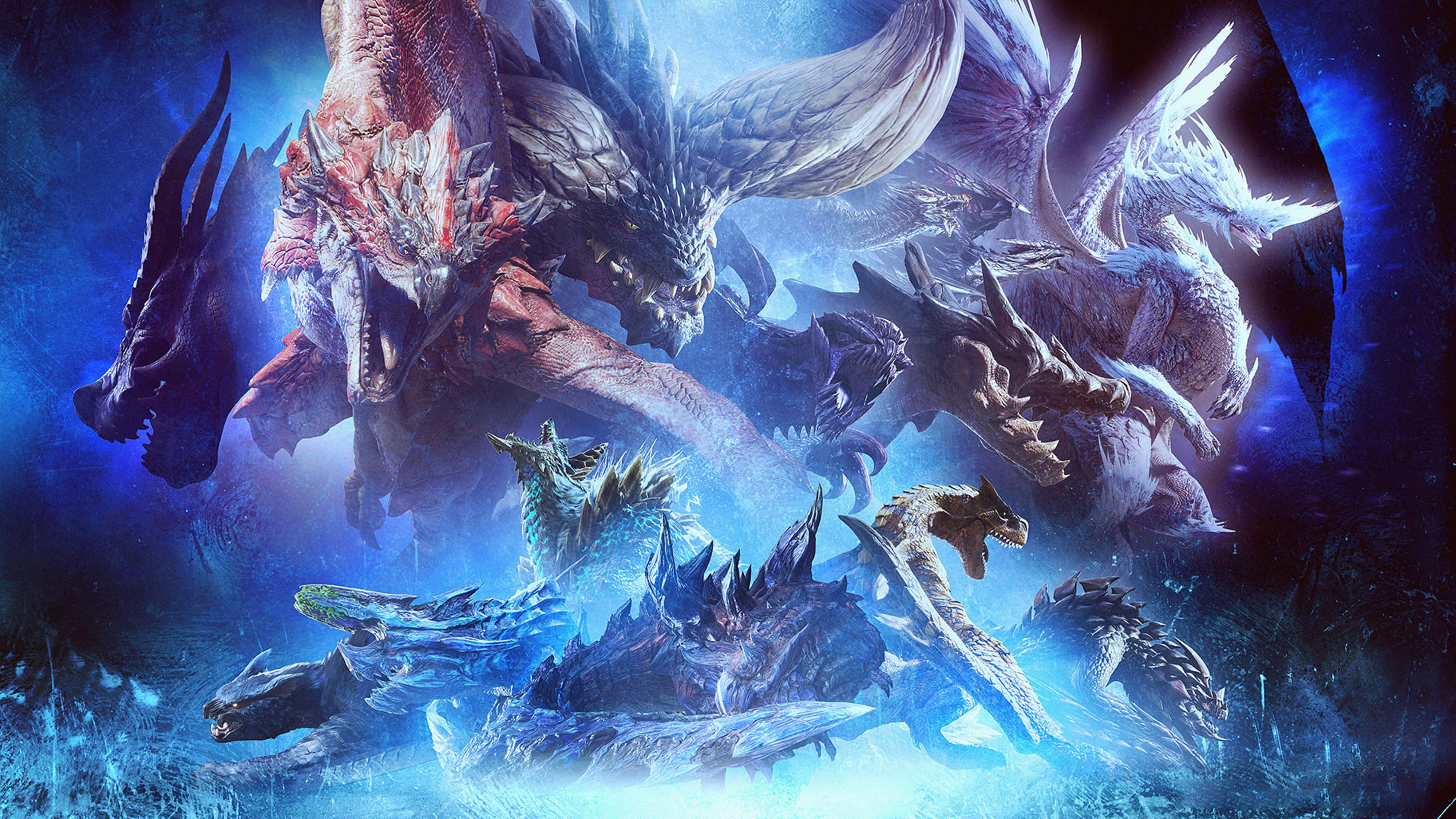 Monster Hunter, glowing blue and red accents, monstrous dragons, 4K Desktop Wallpaper