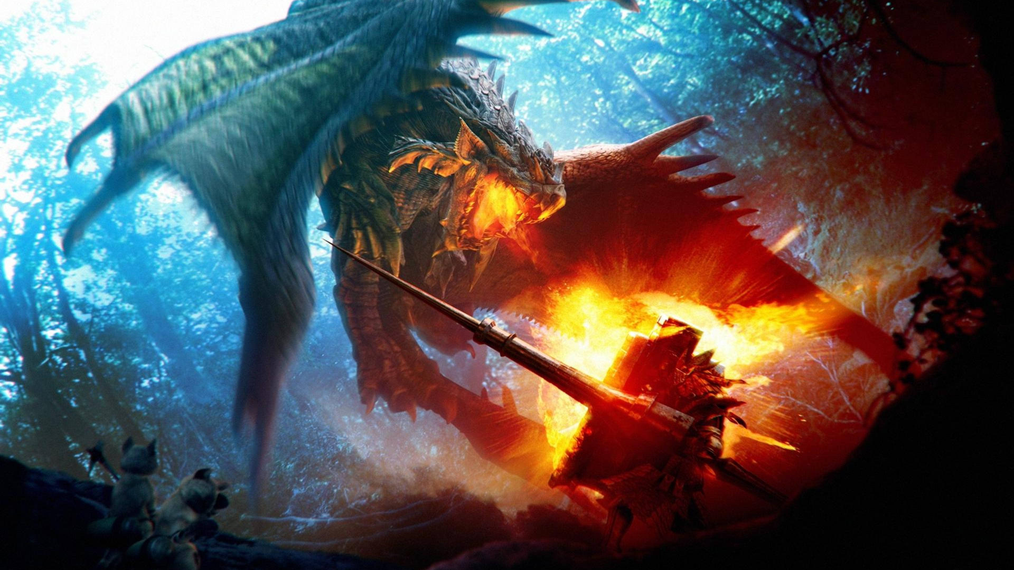Monster Hunter 4K, dragon, glowing orange eyes, 4K Desktop Wallpaper