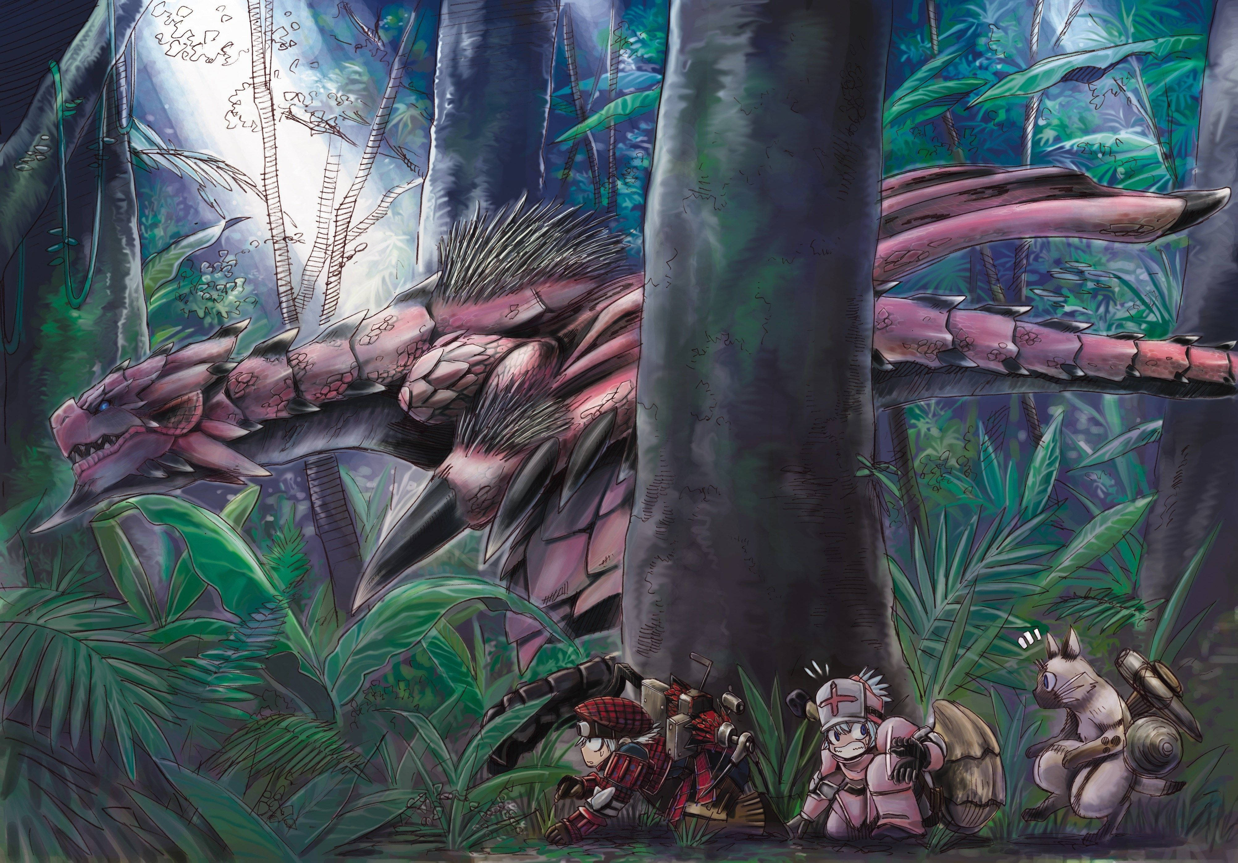 Monster Hunter 4K, anime art, three hunters in armor, 4K Desktop Wallpaper