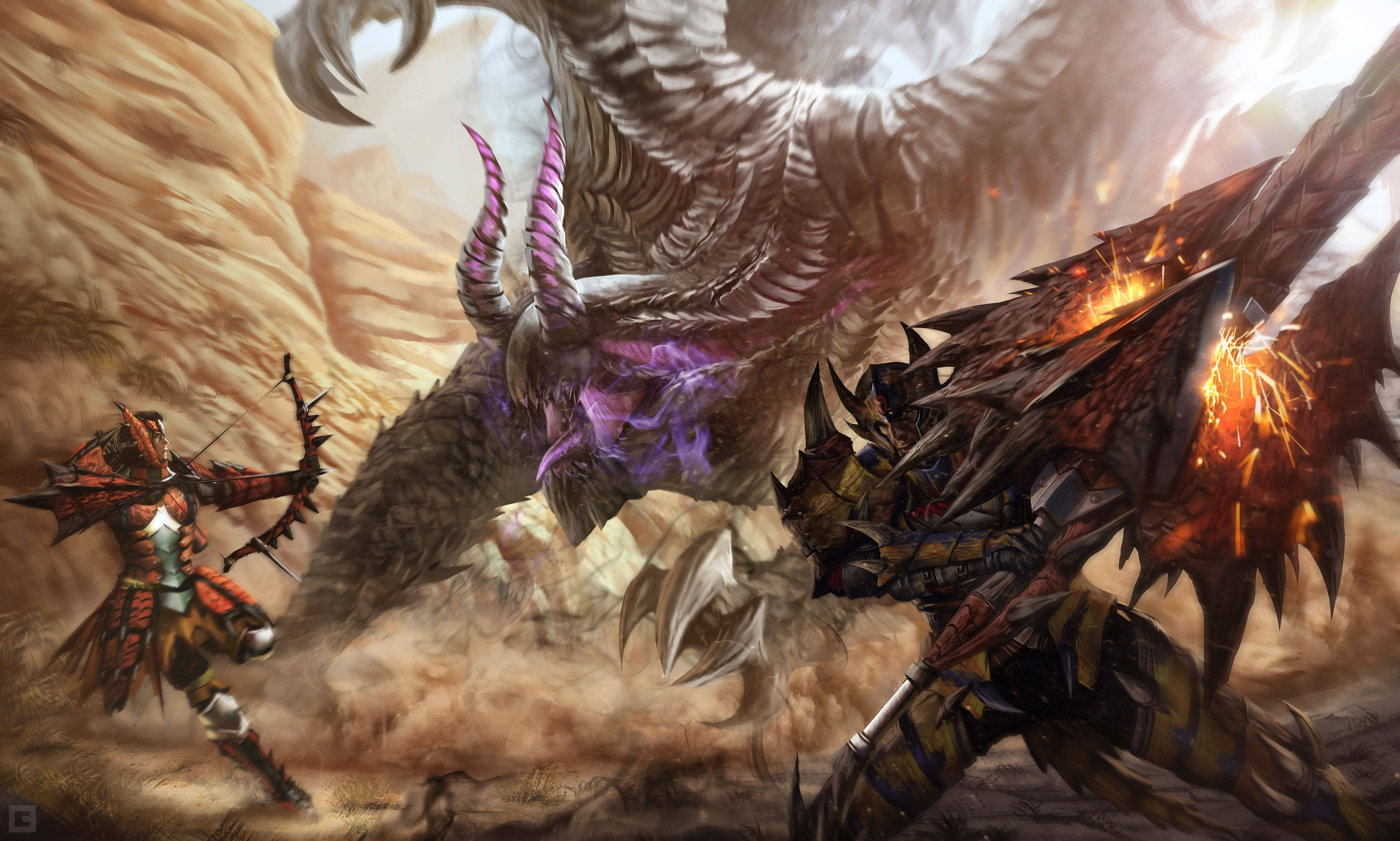 Monster Hunter 4K, archer, massive winged monster, 4K Desktop Wallpaper