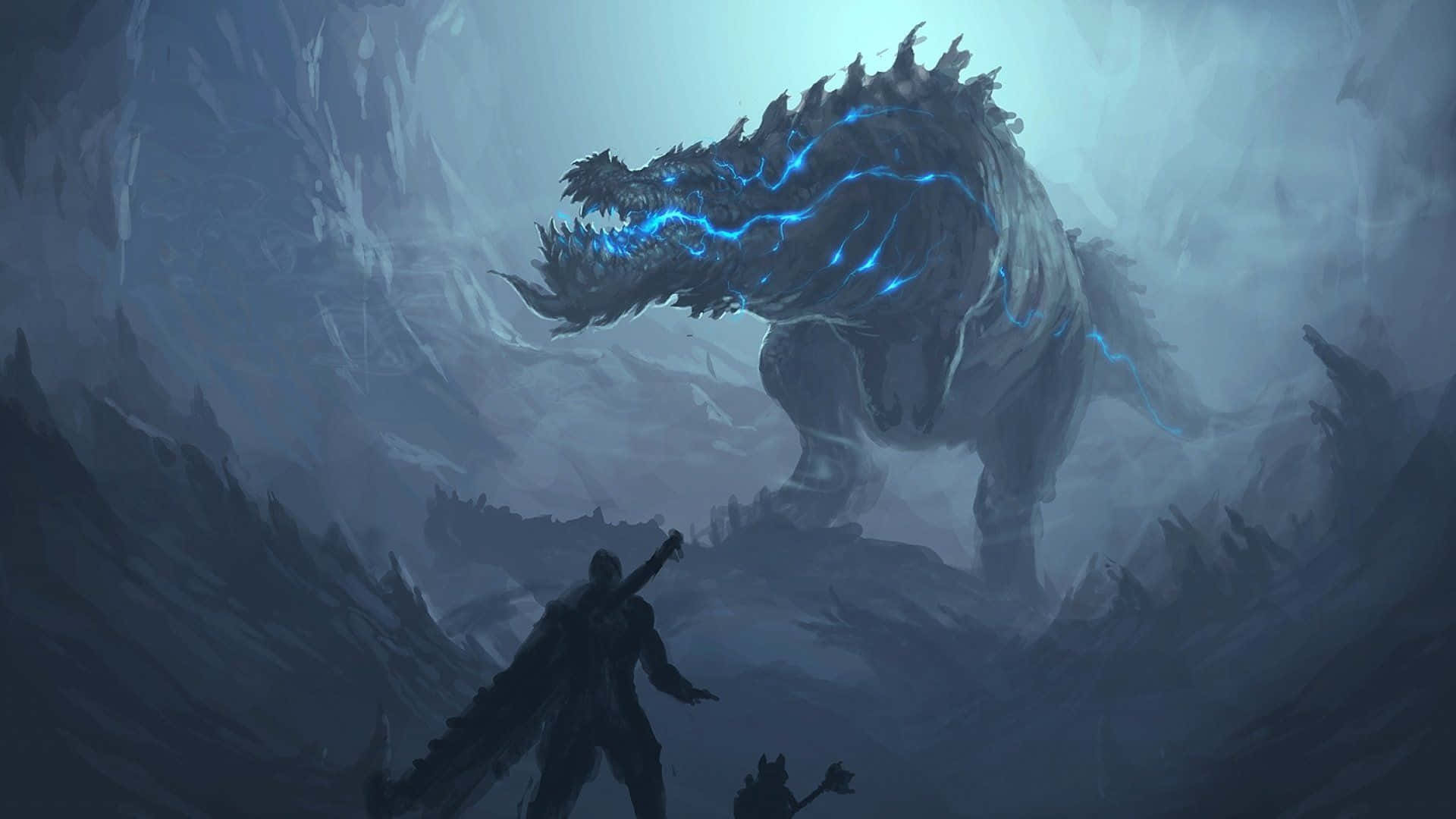Monster Hunter, glowing blue dragon, misty mountainous cavern, Full HD Desktop Wallpaper