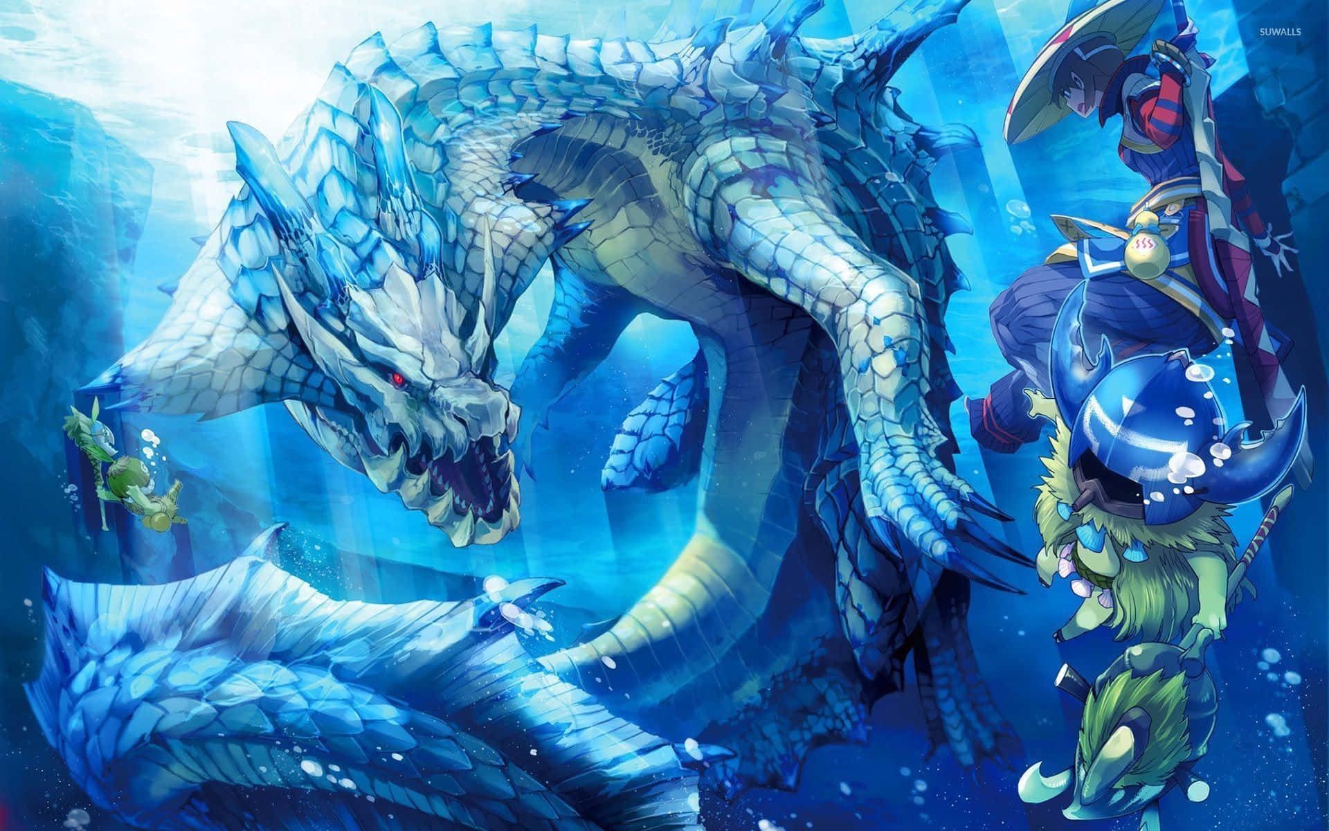 Monster Hunter 3, colossal blue-scaled dragon, glowing red eyes, Full HD Desktop Wallpaper
