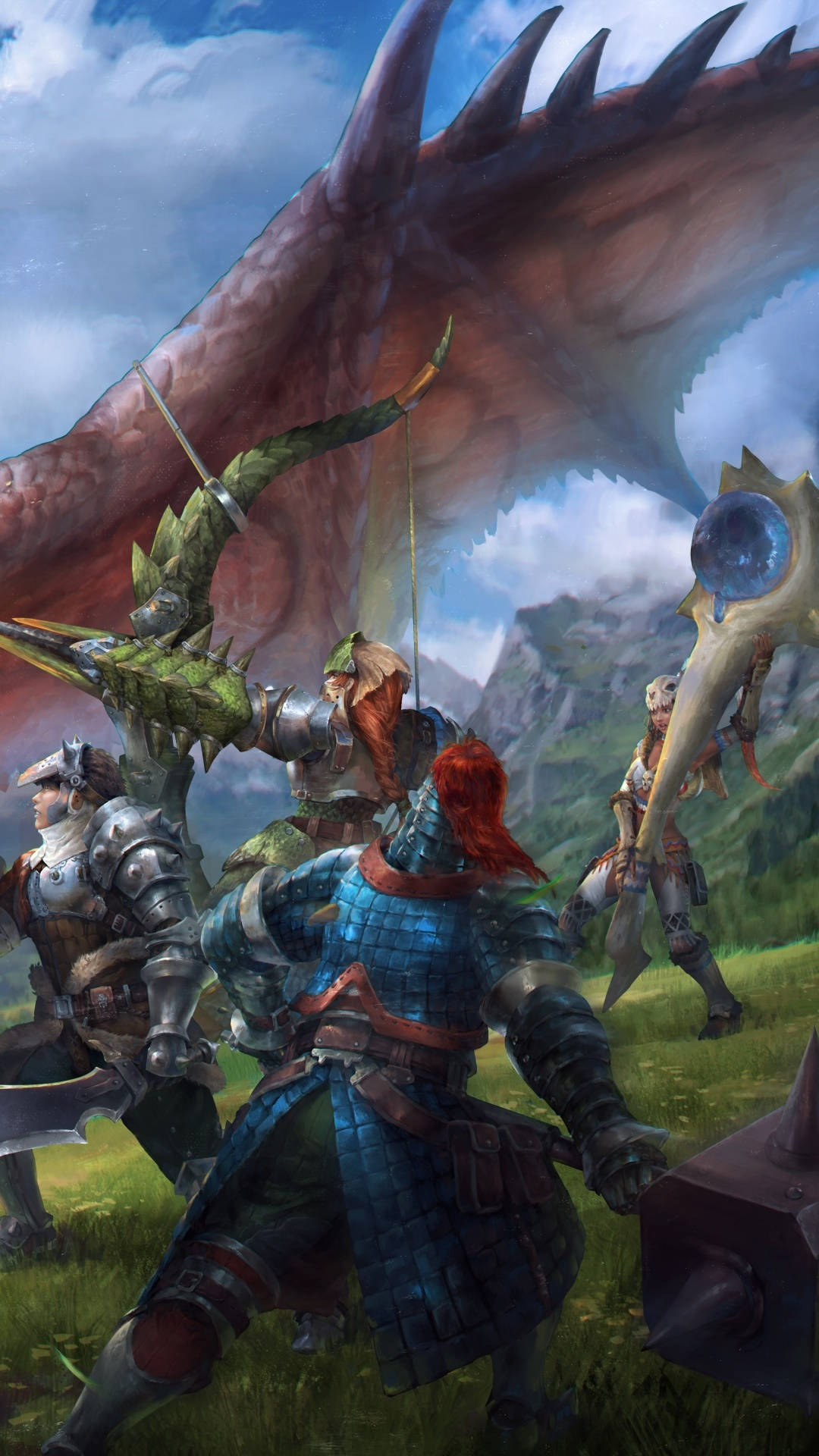 Monster Hunter, armored warriors, massive red dragon, Full HD Phone Wallpaper