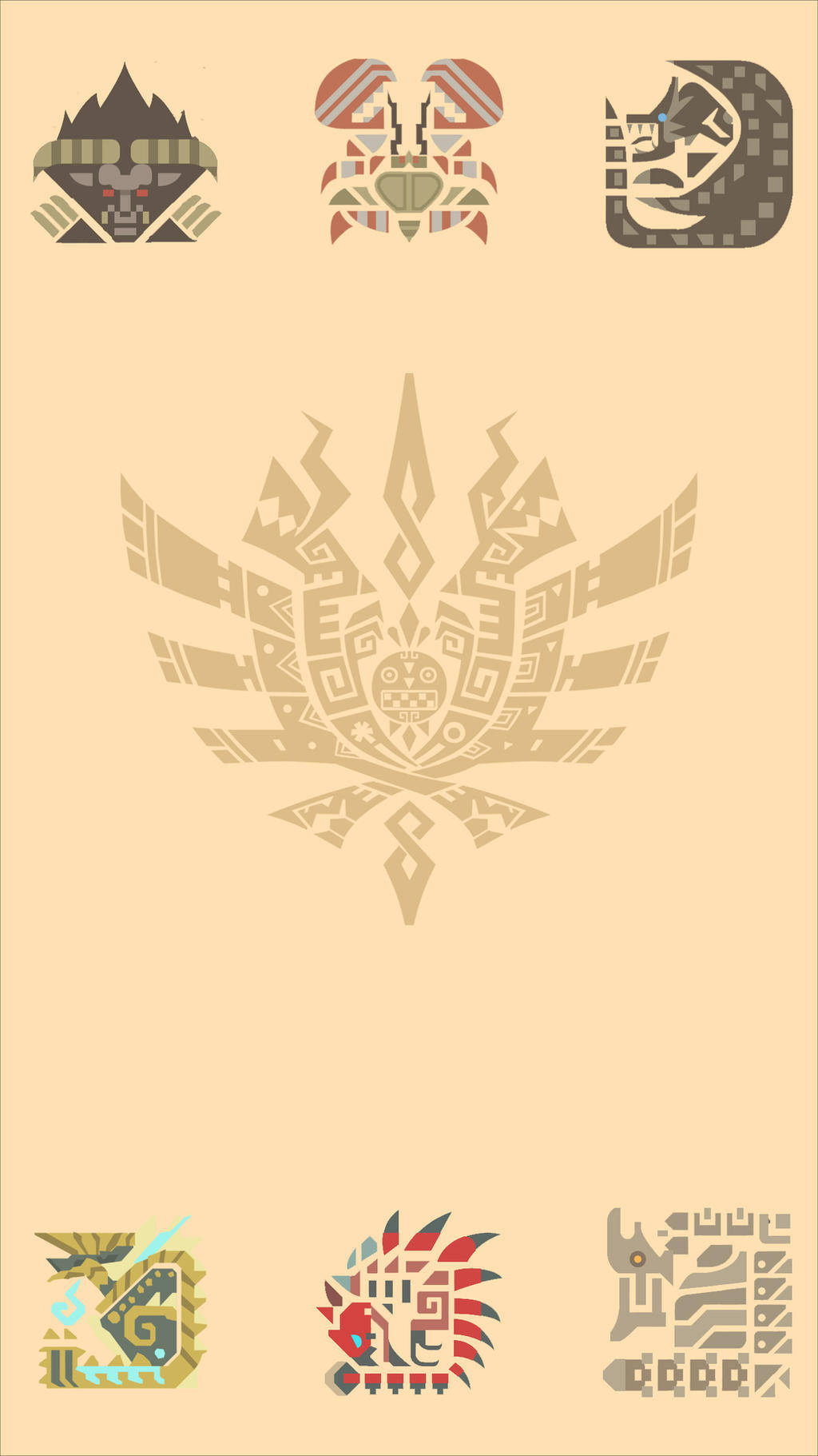 Monster Hunter, beige background, six stylized monster masks, HD Phone Wallpaper